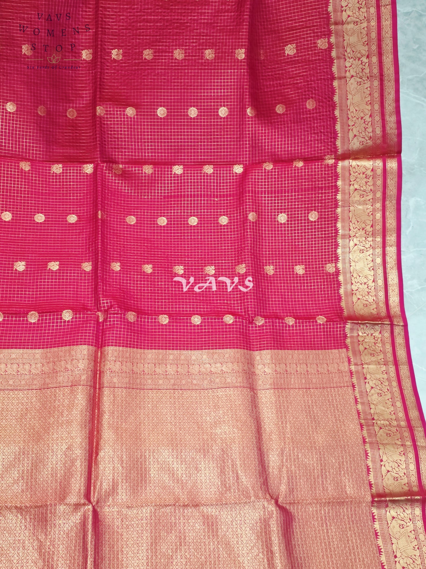 Royal Rani Pink Vintage Checks Pure Kanchi Soft Silk Saree with Antique Gold Zari & Maggam Blouse Size 34-40