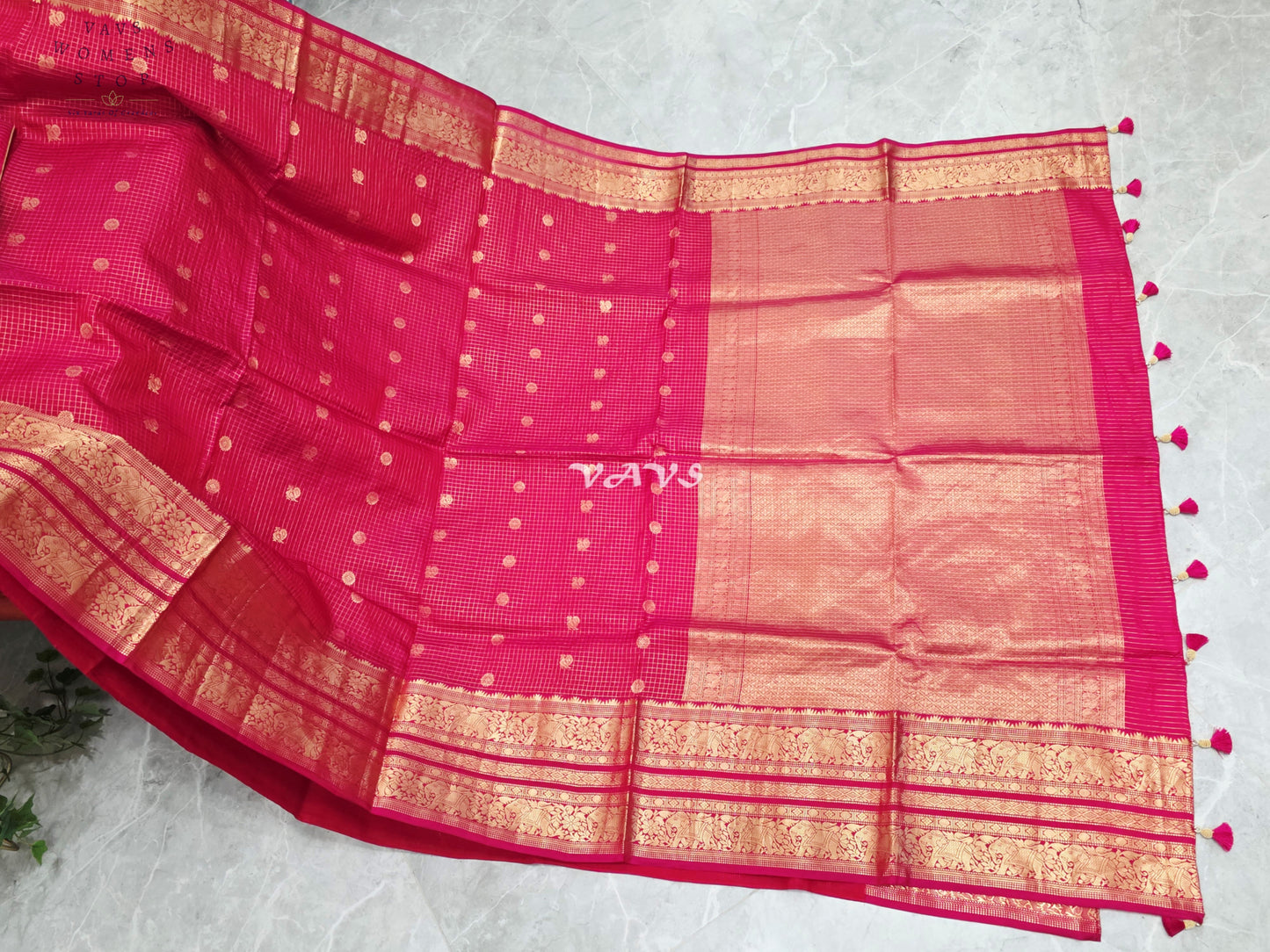 Royal Rani Pink Vintage Checks Pure Kanchi Soft Silk Saree with Antique Gold Zari & Maggam Blouse Size 34-40