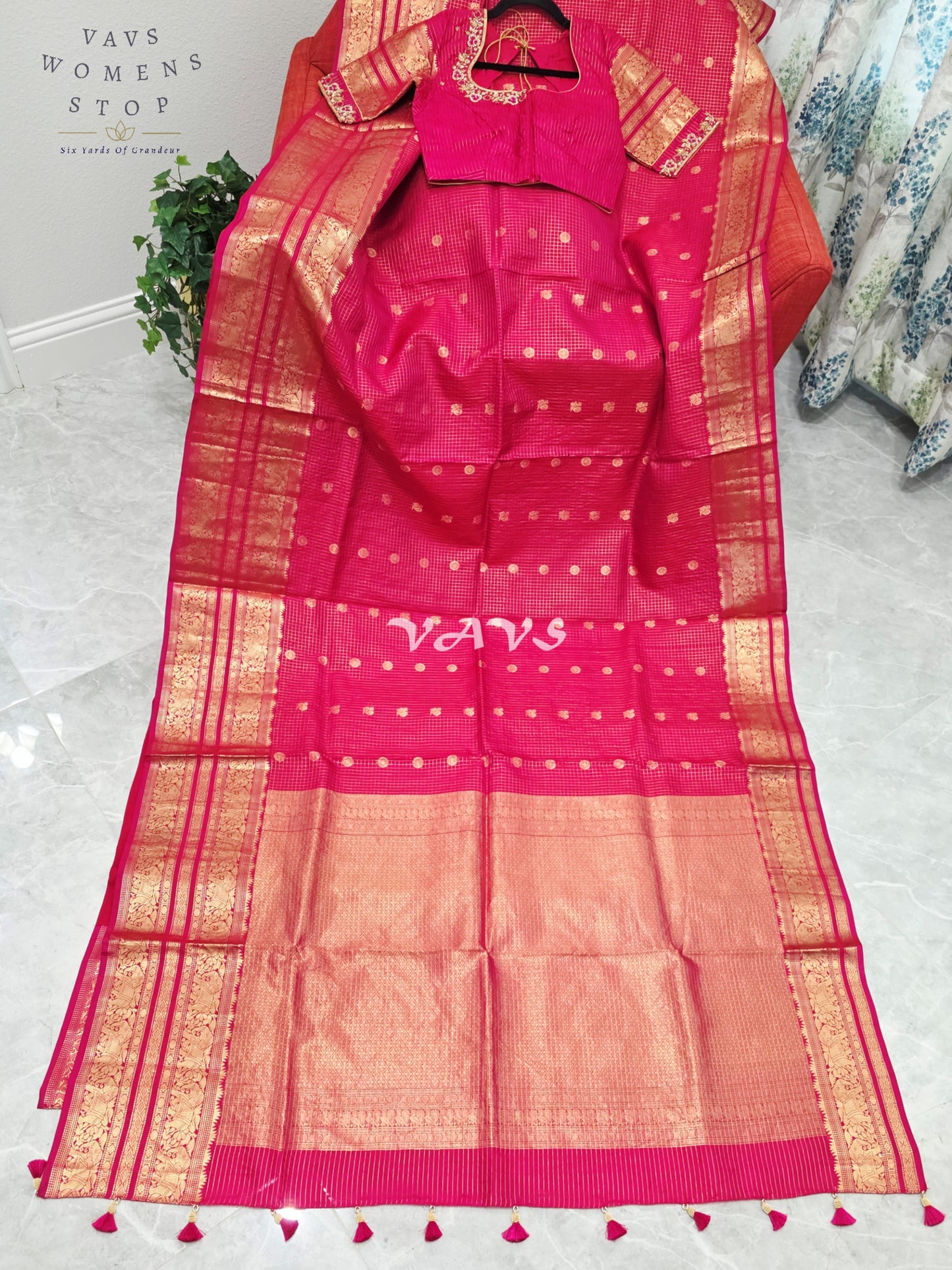 Royal Rani Pink Vintage Checks Pure Kanchi Soft Silk Saree with Antique Gold Zari & Maggam Blouse Size 34-40