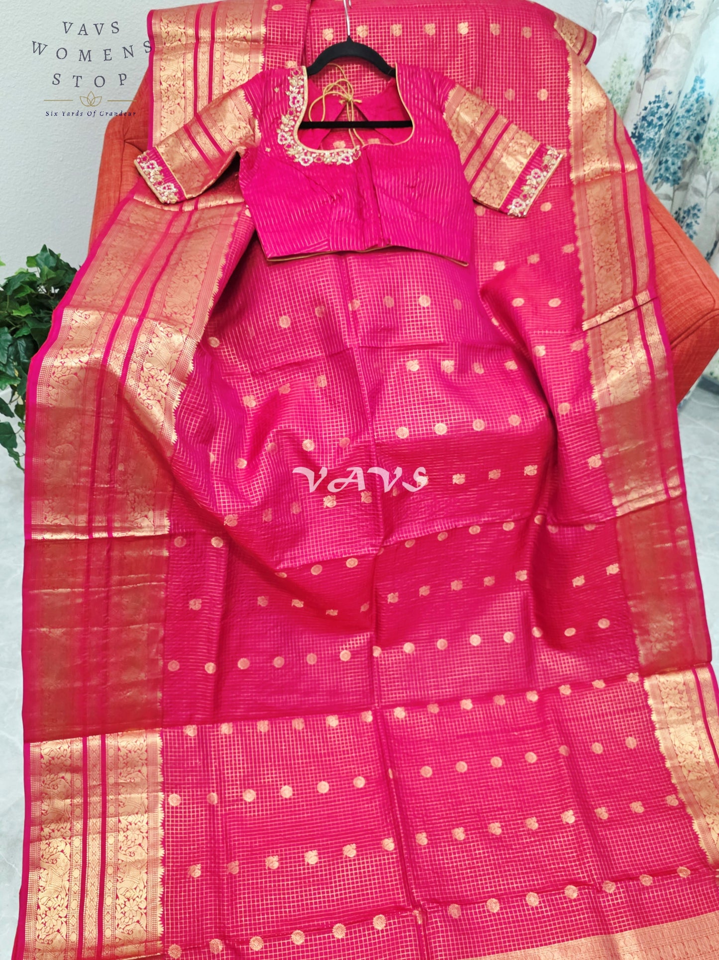 Royal Rani Pink Vintage Checks Pure Kanchi Soft Silk Saree with Antique Gold Zari & Maggam Blouse Size 34-40