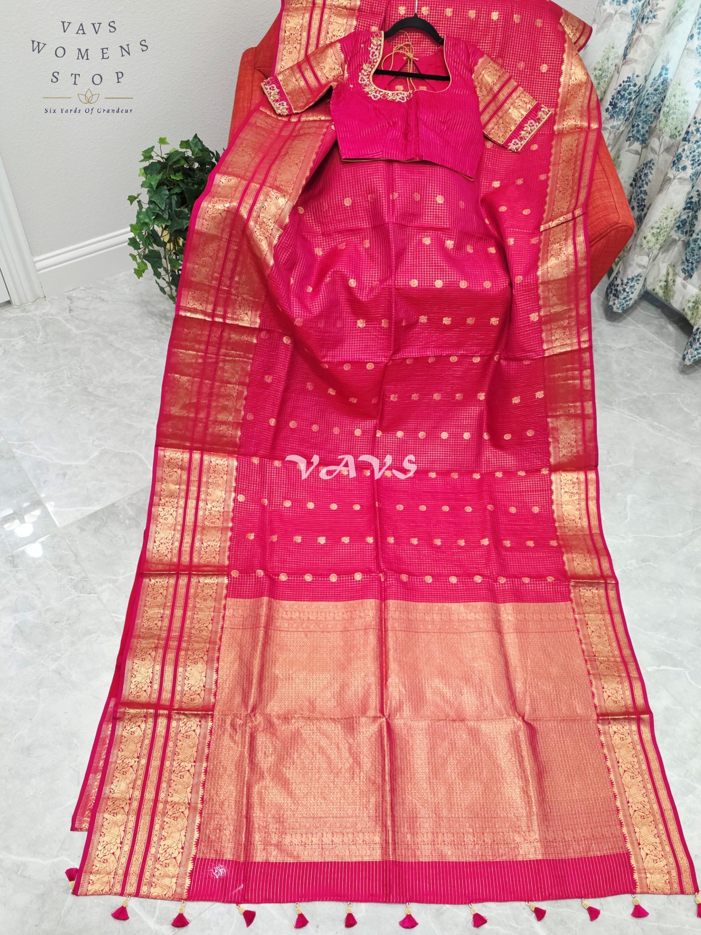 Royal Rani Pink Vintage Checks Pure Kanchi Soft Silk Saree with Antique Gold Zari & Maggam Blouse Size 34-40