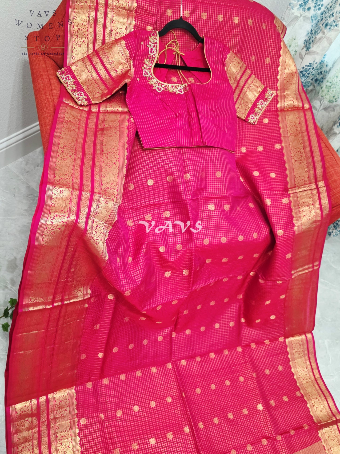 Royal Rani Pink Vintage Checks Pure Kanchi Soft Silk Saree with Antique Gold Zari & Maggam Blouse Size 34-40
