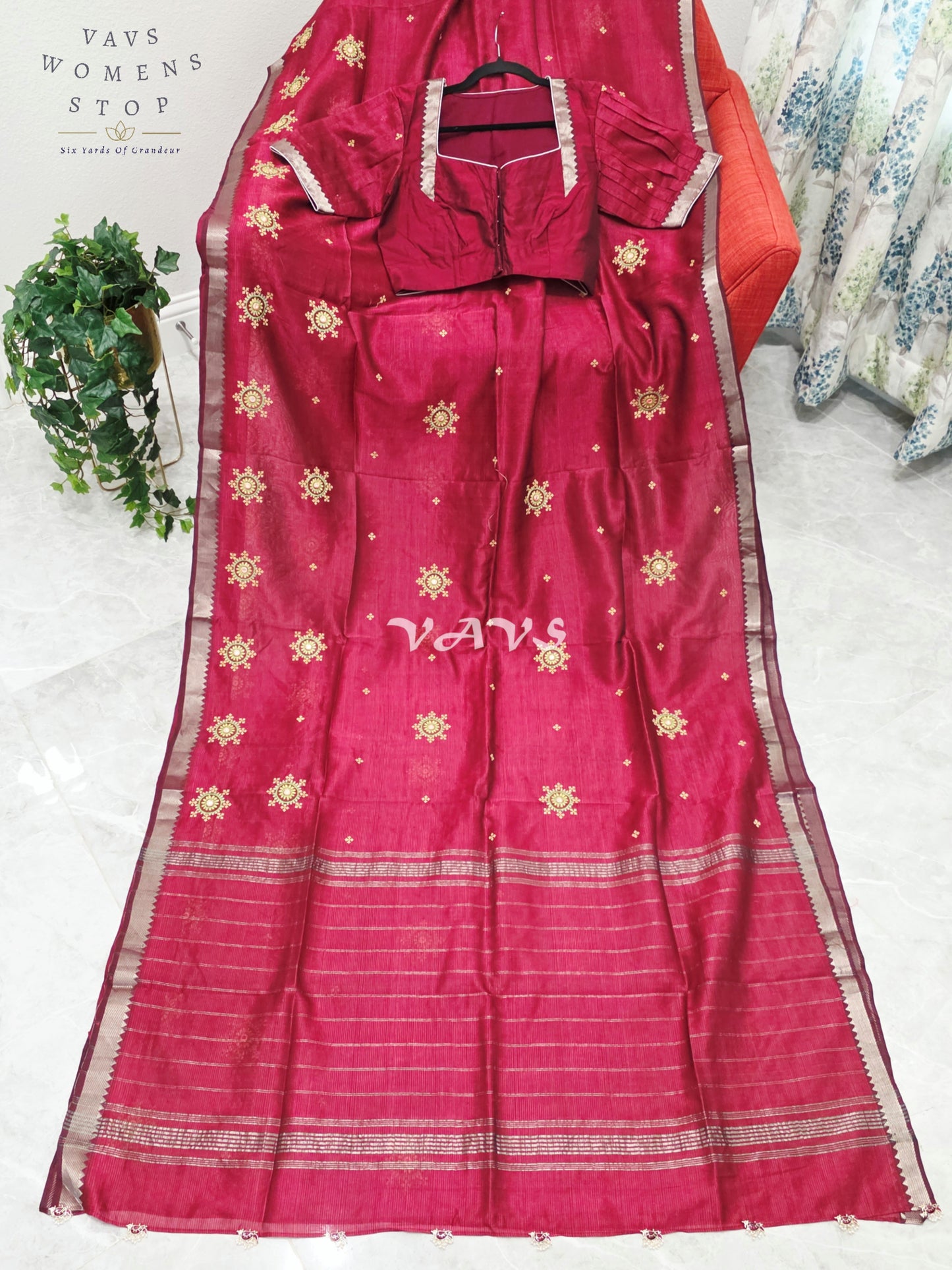 Regal Maroon Kutch Embroidery Mangalagiri Silk Cotton Handloom Saree with Stitched Blouse Size 38-44