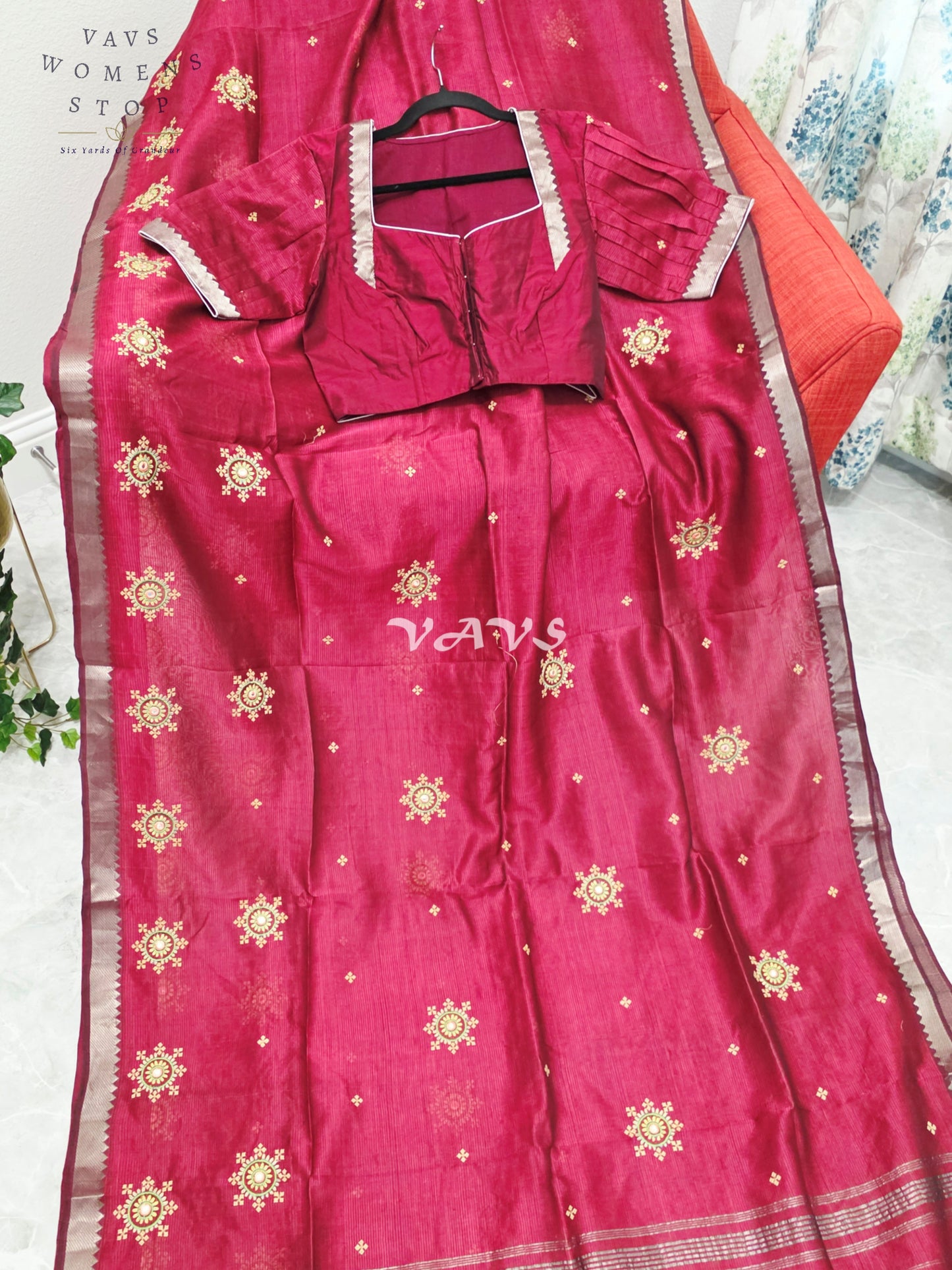 Regal Maroon Kutch Embroidery Mangalagiri Silk Cotton Handloom Saree with Stitched Blouse Size 38-44