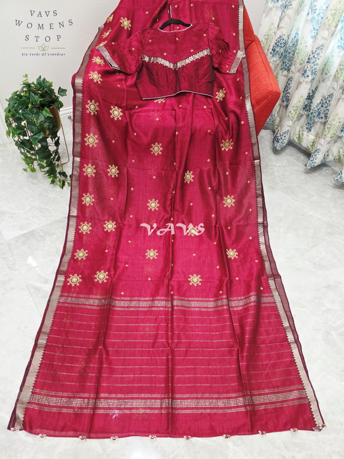 Regal Maroon Kutch Embroidery Mangalagiri Silk Cotton Handloom Saree with Stitched Blouse Size 38-44