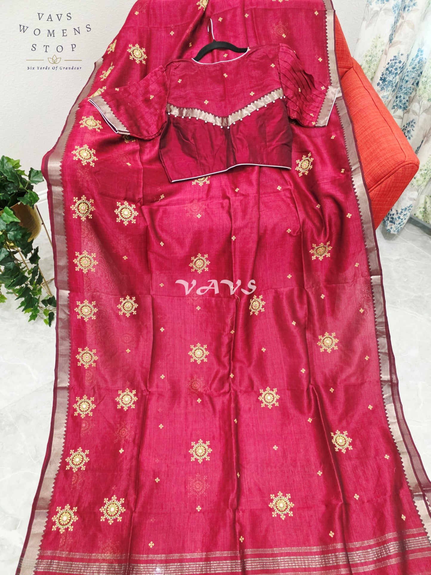 Regal Maroon Kutch Embroidery Mangalagiri Silk Cotton Handloom Saree with Stitched Blouse Size 38-44