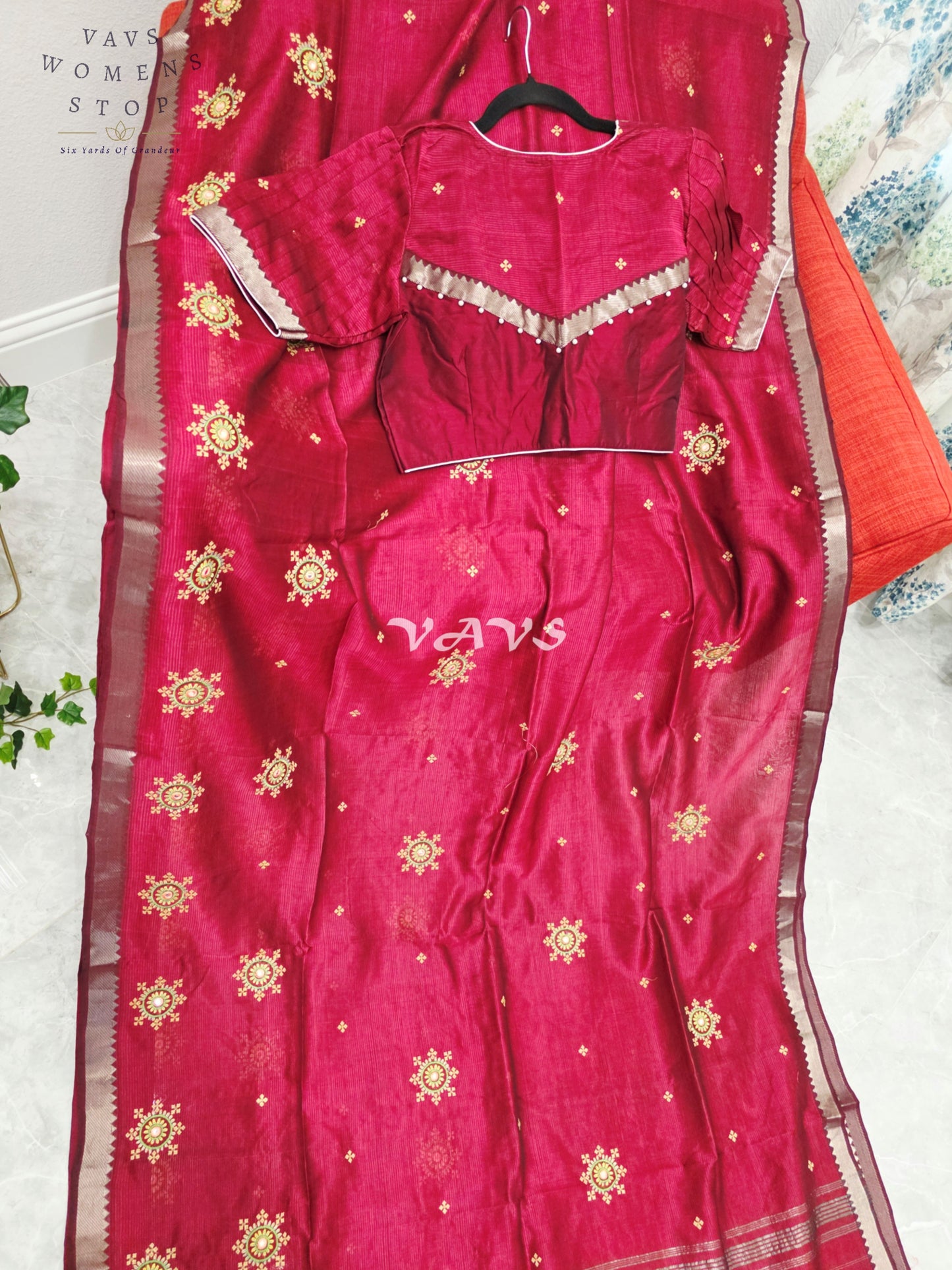 Regal Maroon Kutch Embroidery Mangalagiri Silk Cotton Handloom Saree with Stitched Blouse Size 38-44