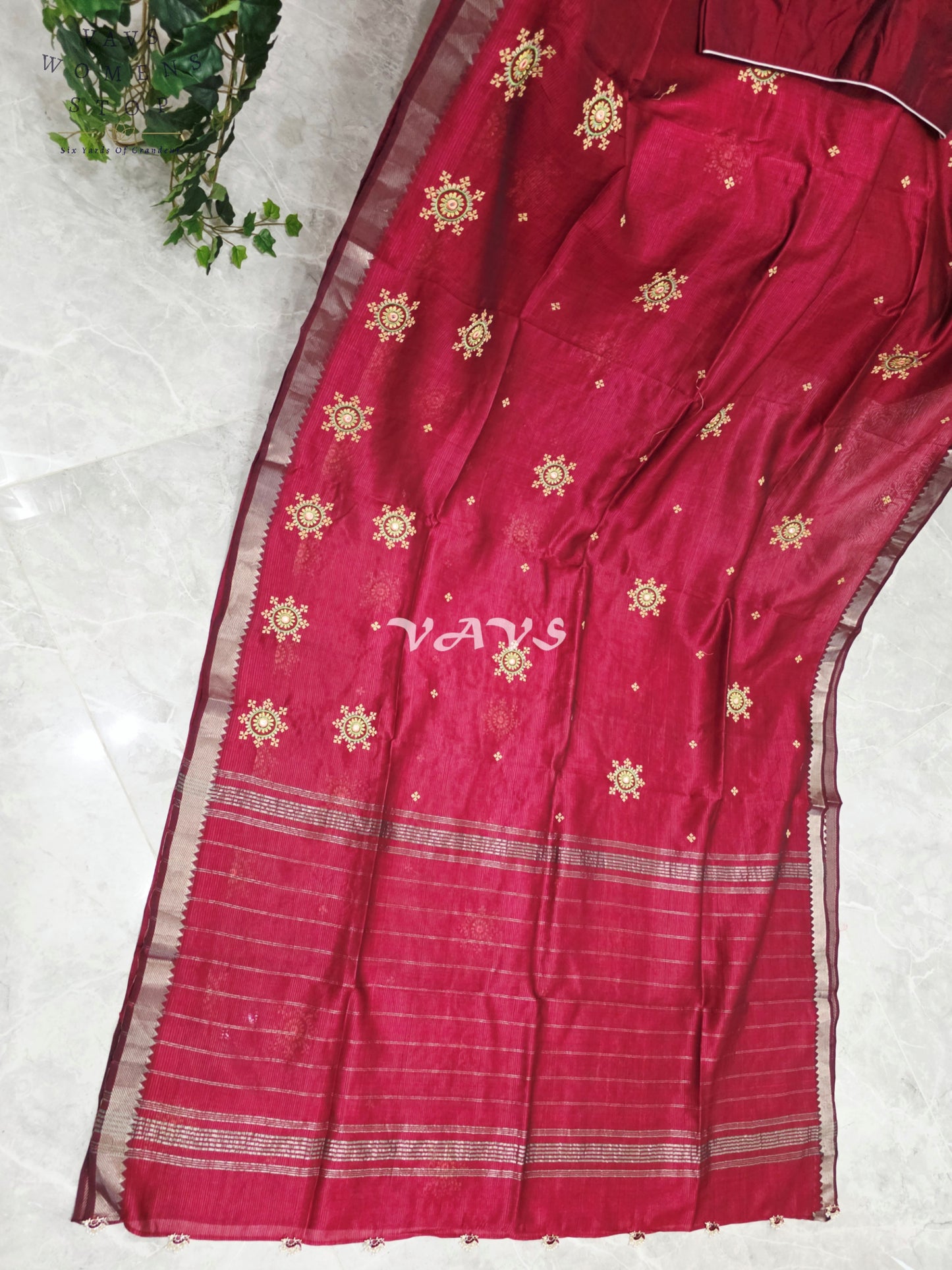 Regal Maroon Kutch Embroidery Mangalagiri Silk Cotton Handloom Saree with Stitched Blouse Size 38-44