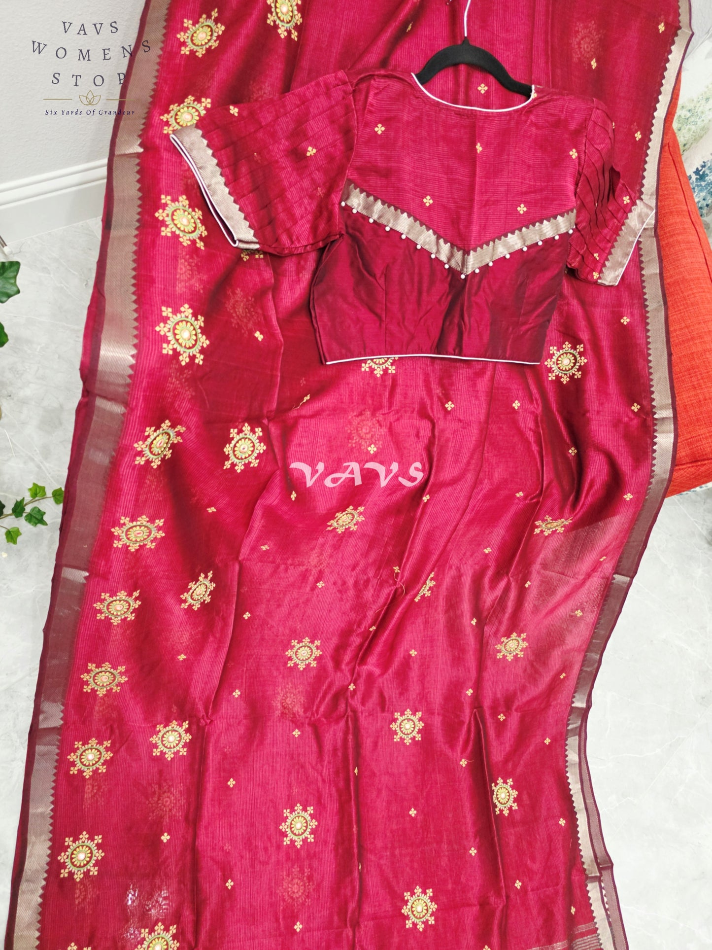 Regal Maroon Kutch Embroidery Mangalagiri Silk Cotton Handloom Saree with Stitched Blouse Size 38-44