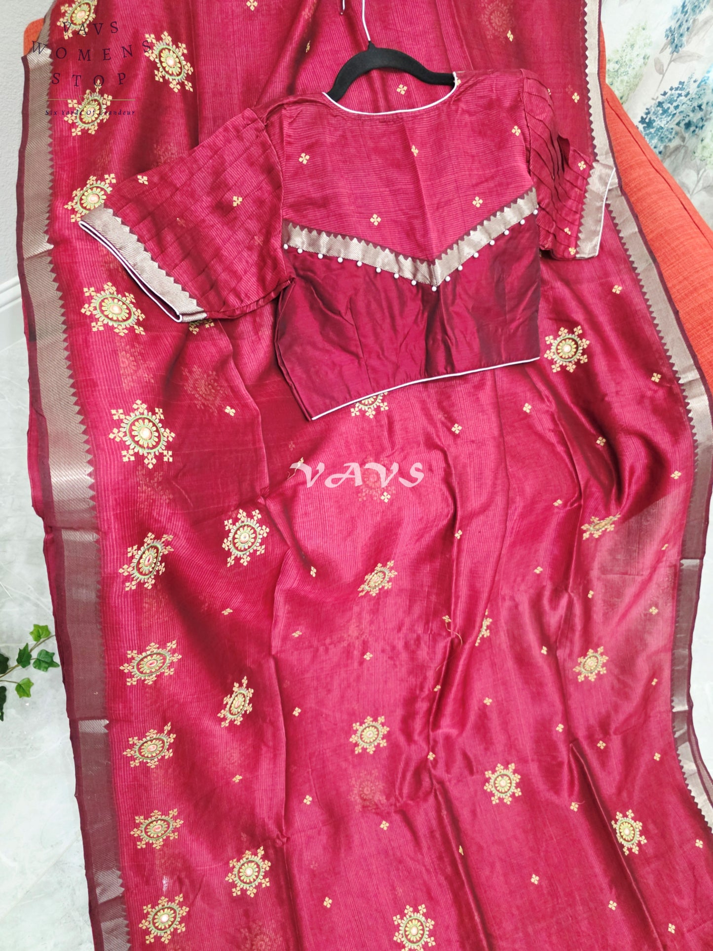 Regal Maroon Kutch Embroidery Mangalagiri Silk Cotton Handloom Saree with Stitched Blouse Size 38-44