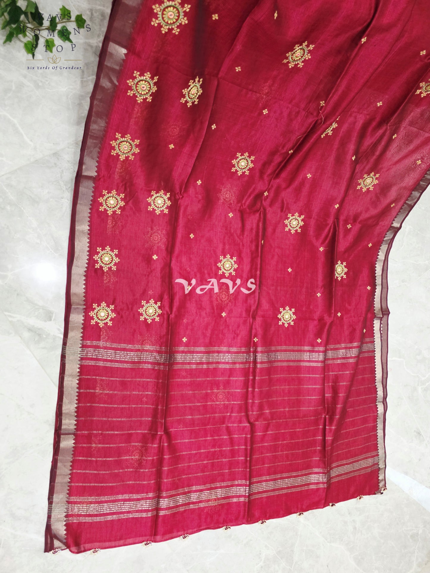 Regal Maroon Kutch Embroidery Mangalagiri Silk Cotton Handloom Saree with Stitched Blouse Size 38-44