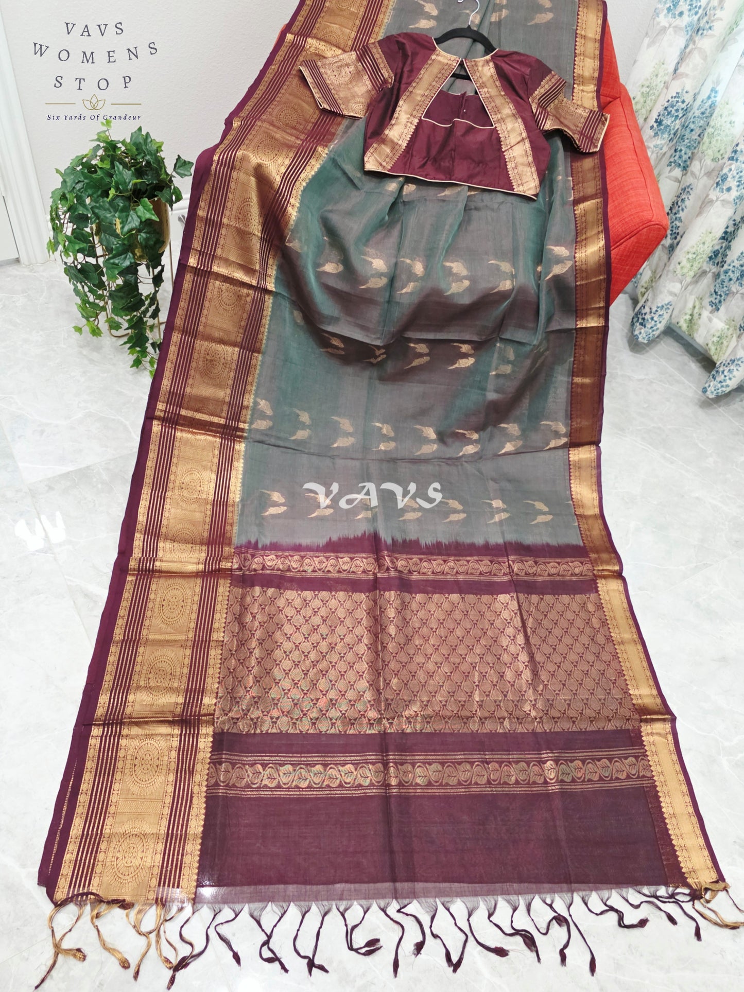 Regal Smoky Teal & Wine Handloom Mangalagiri Pattu Silk Cotton Saree with Stitched Blouse