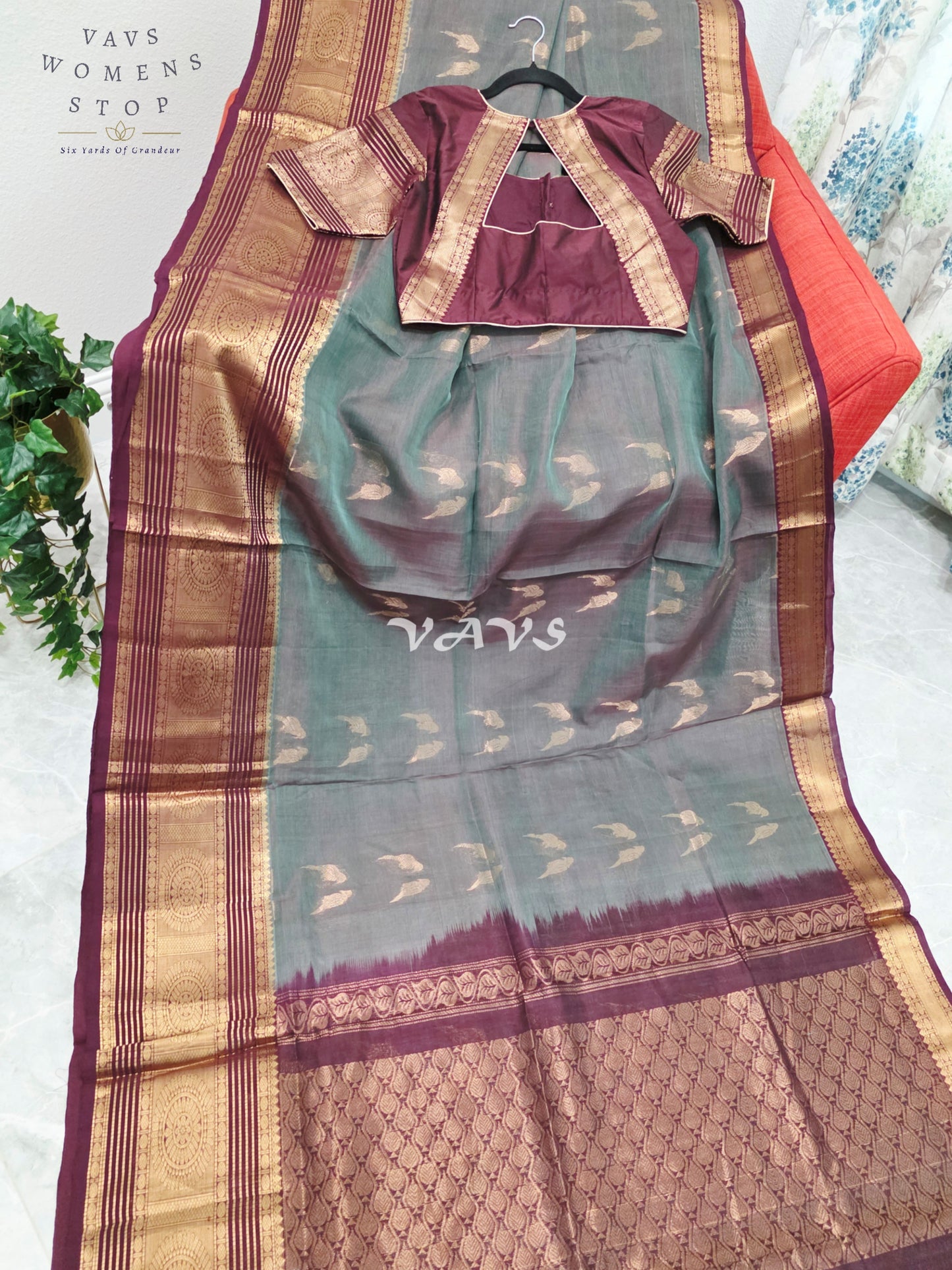 Regal Smoky Teal & Wine Handloom Mangalagiri Pattu Silk Cotton Saree with Stitched Blouse