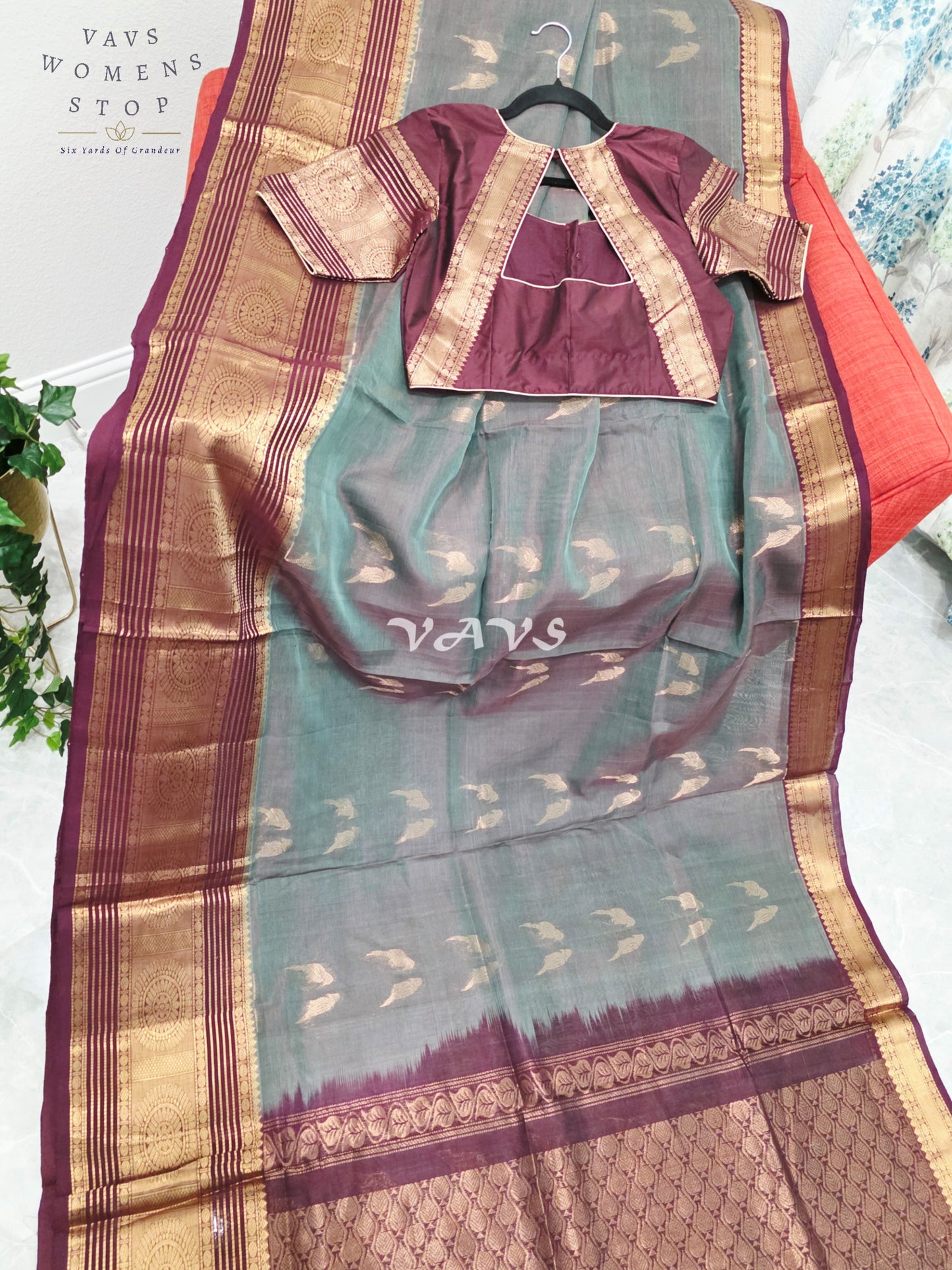 Regal Smoky Teal & Wine Handloom Mangalagiri Pattu Silk Cotton Saree with Stitched Blouse
