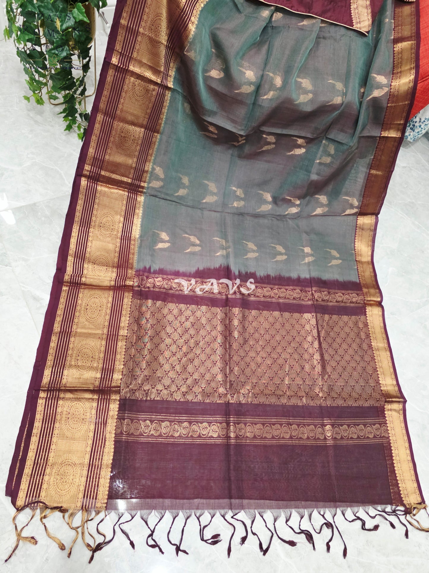 Regal Smoky Teal & Wine Handloom Mangalagiri Pattu Silk Cotton Saree with Stitched Blouse