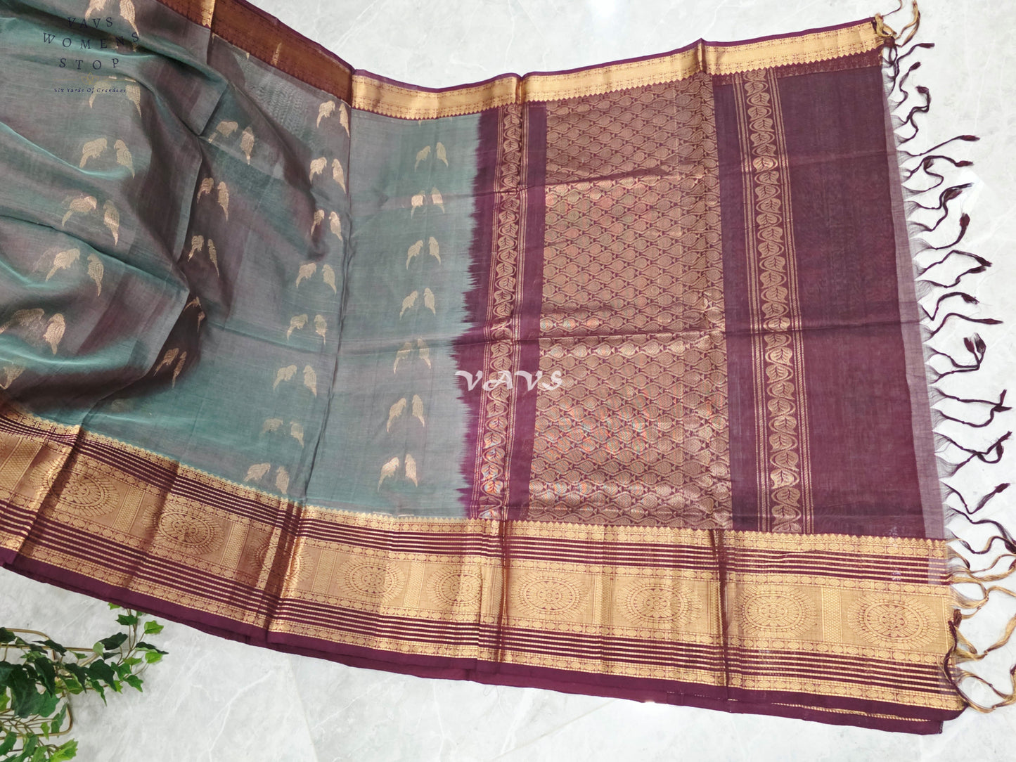 Regal Smoky Teal & Wine Handloom Mangalagiri Pattu Silk Cotton Saree with Stitched Blouse