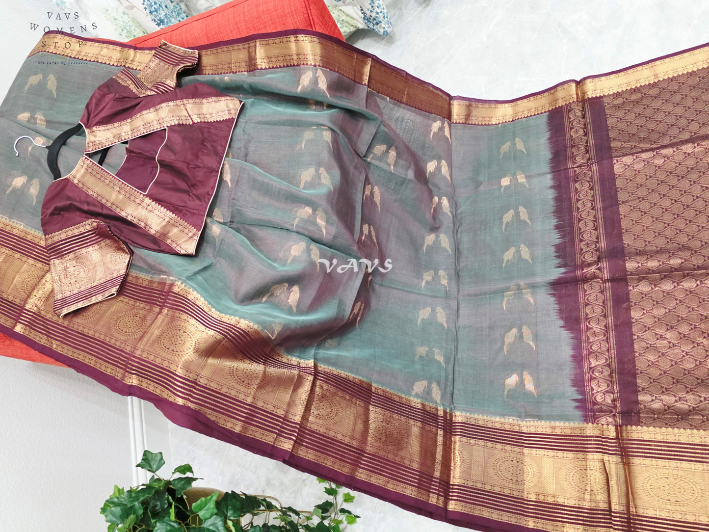 Regal Smoky Teal & Wine Handloom Mangalagiri Pattu Silk Cotton Saree with Stitched Blouse