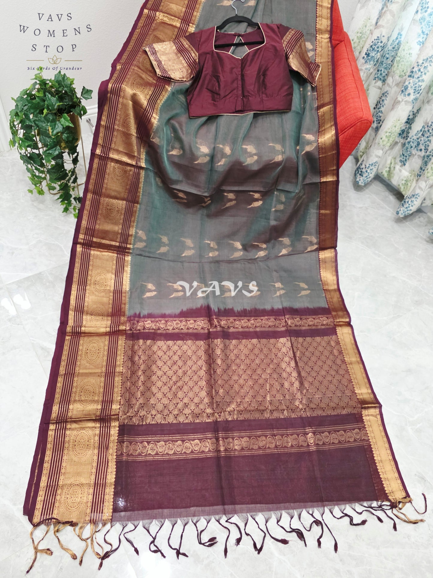 Regal Smoky Teal & Wine Handloom Mangalagiri Pattu Silk Cotton Saree with Stitched Blouse