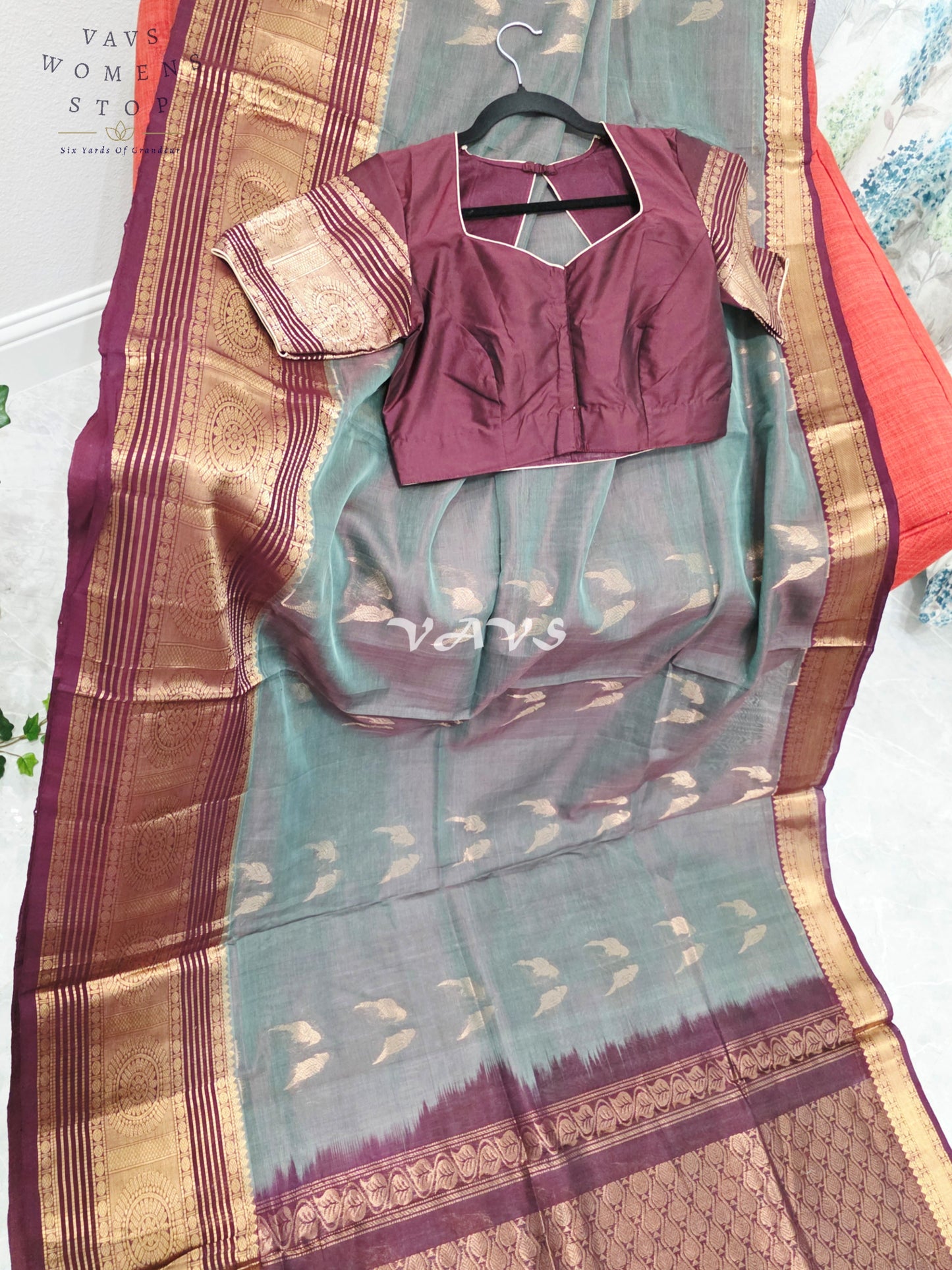 Regal Smoky Teal & Wine Handloom Mangalagiri Pattu Silk Cotton Saree with Stitched Blouse