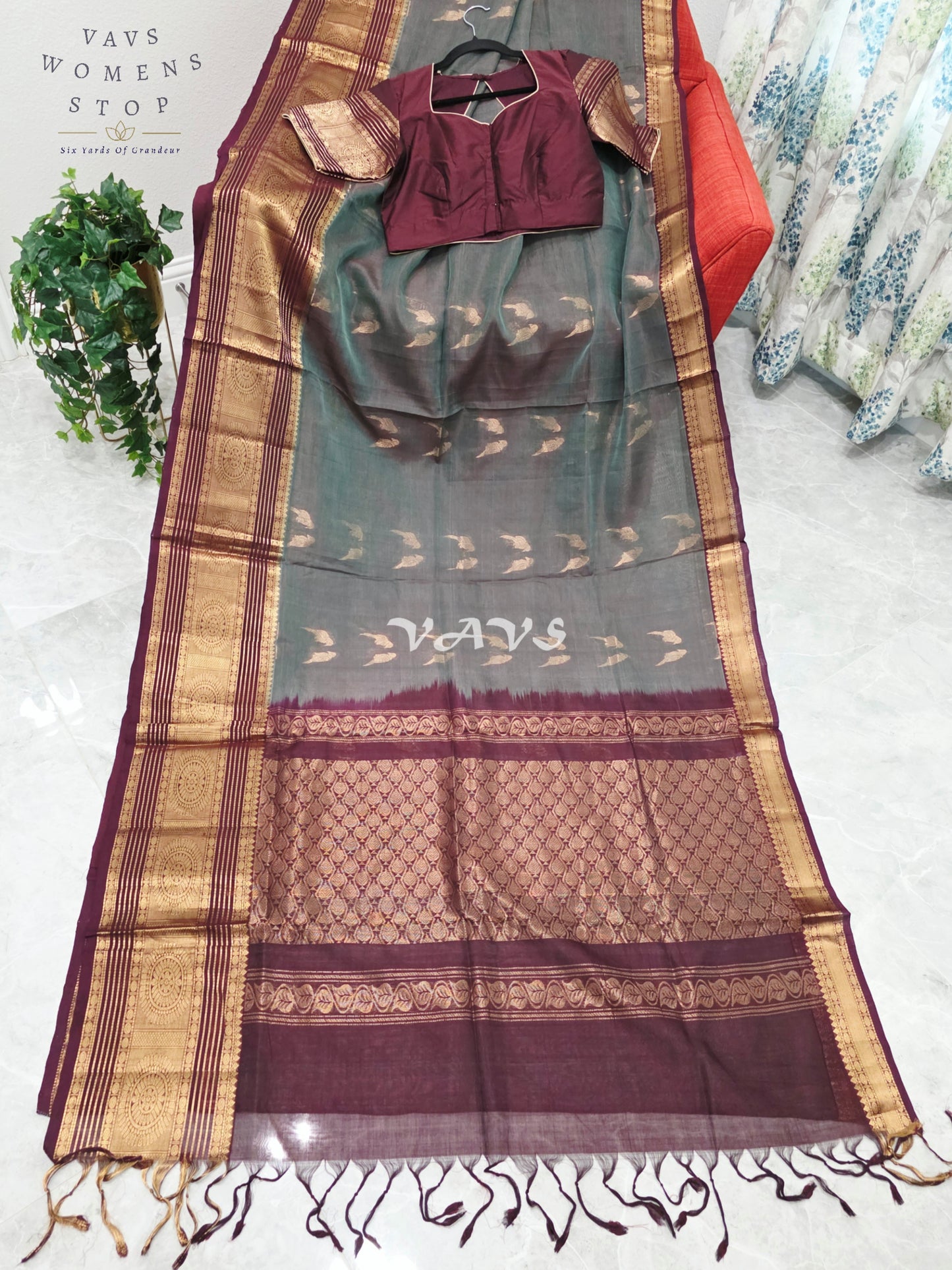 Regal Smoky Teal & Wine Handloom Mangalagiri Pattu Silk Cotton Saree with Stitched Blouse