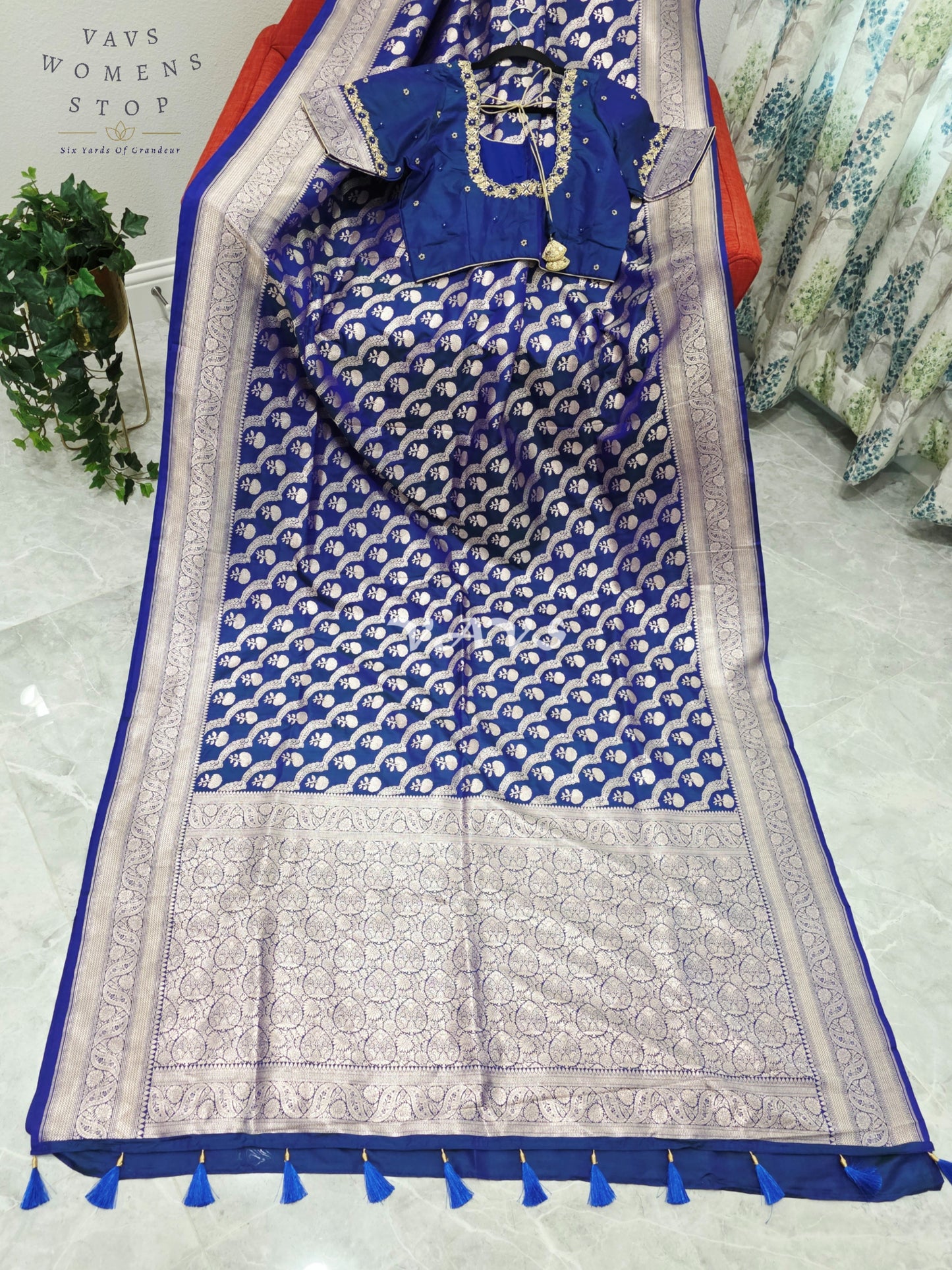 Royal Cobalt Blue Pure Benarasi Katan Silk Saree with Silver Zari Weave & Maggam Blouse Size 38-44