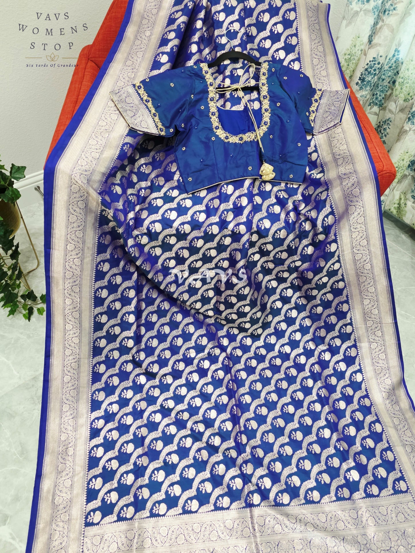 Royal Cobalt Blue Pure Benarasi Katan Silk Saree with Silver Zari Weave & Maggam Blouse Size 38-44