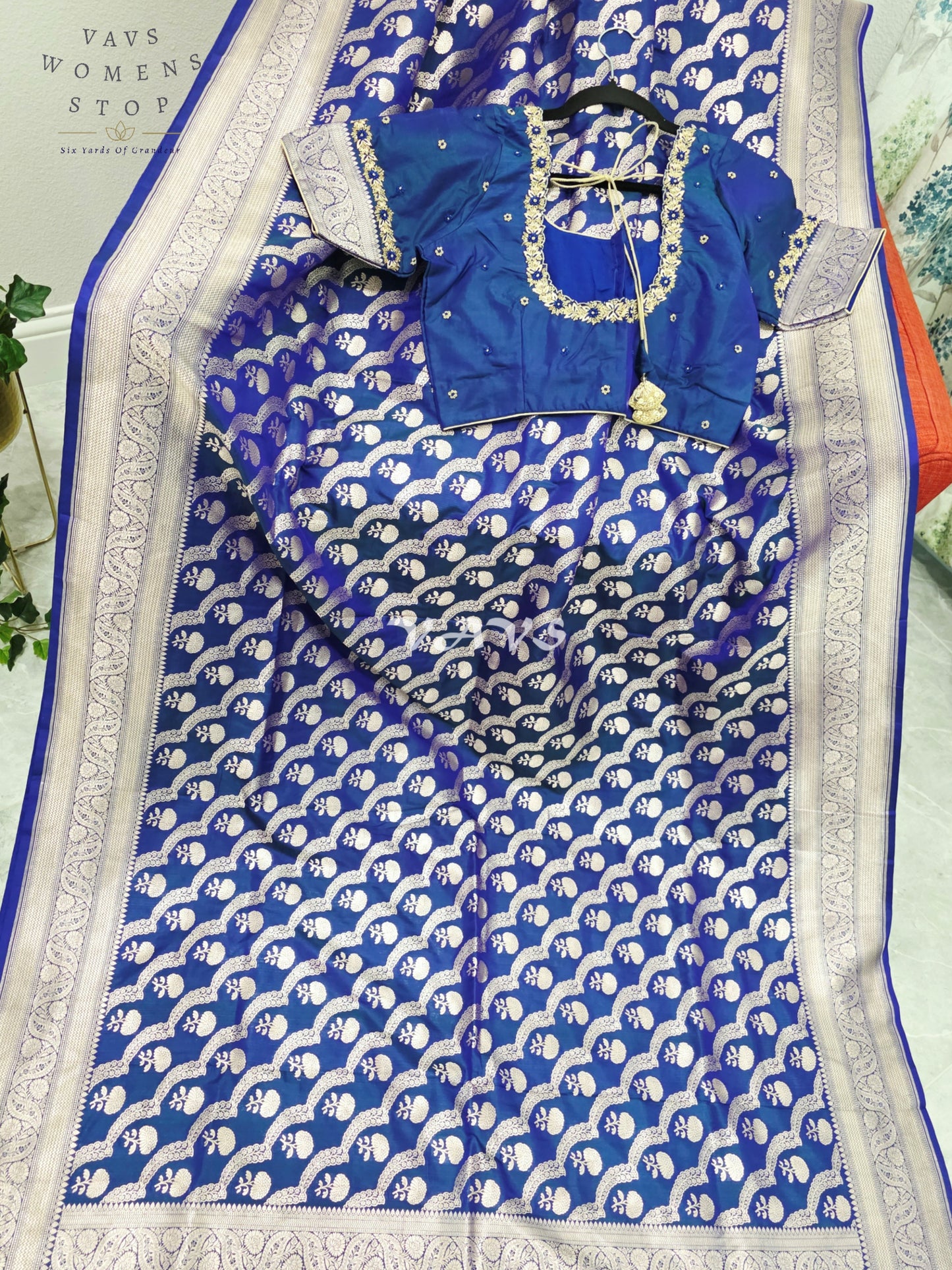 Royal Cobalt Blue Pure Benarasi Katan Silk Saree with Silver Zari Weave & Maggam Blouse Size 38-44