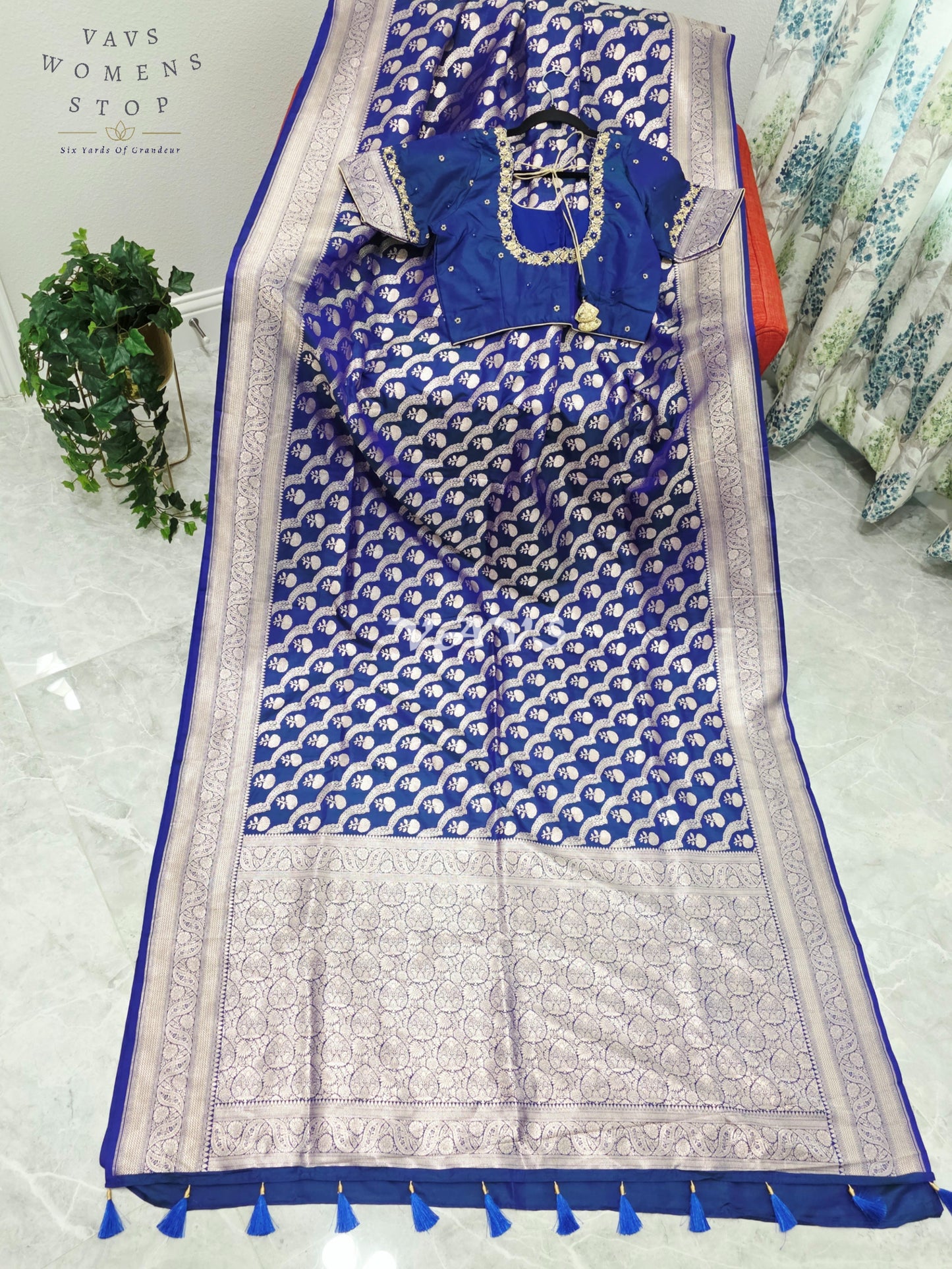 Royal Cobalt Blue Pure Benarasi Katan Silk Saree with Silver Zari Weave & Maggam Blouse Size 38-44