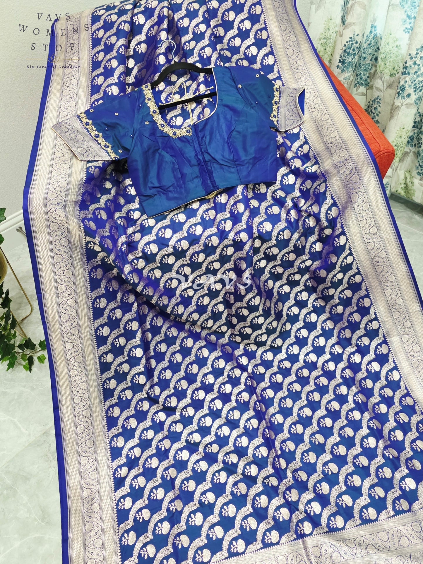 Royal Cobalt Blue Pure Benarasi Katan Silk Saree with Silver Zari Weave & Maggam Blouse Size 38-44