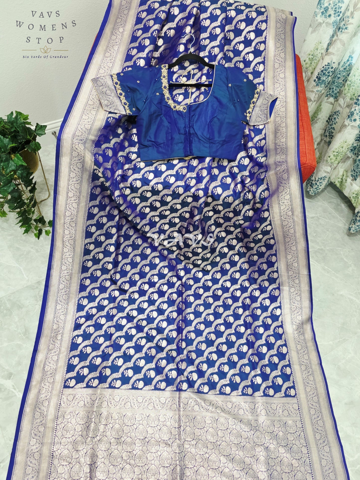 Royal Cobalt Blue Pure Benarasi Katan Silk Saree with Silver Zari Weave & Maggam Blouse Size 38-44