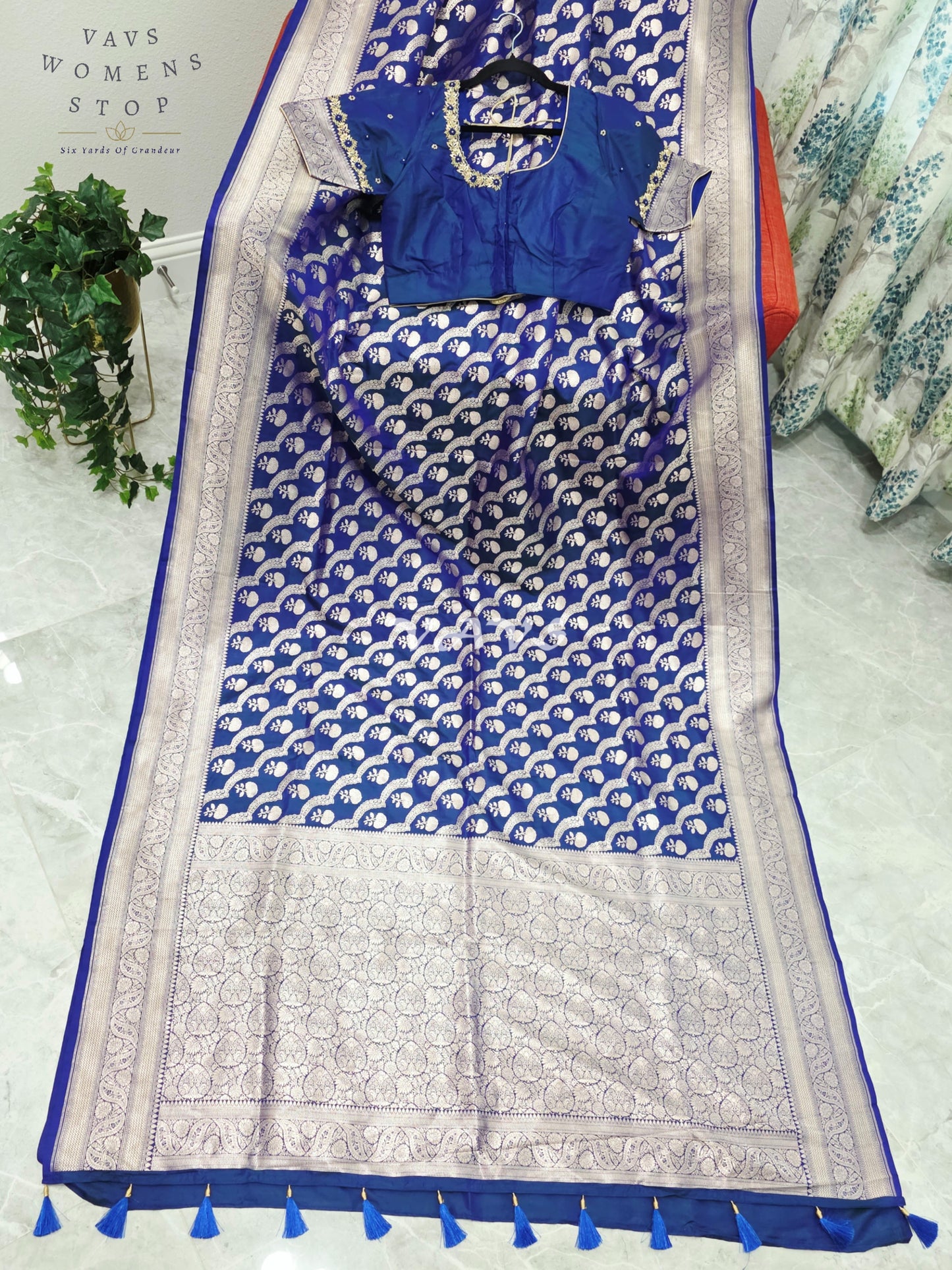Royal Cobalt Blue Pure Benarasi Katan Silk Saree with Silver Zari Weave & Maggam Blouse Size 38-44
