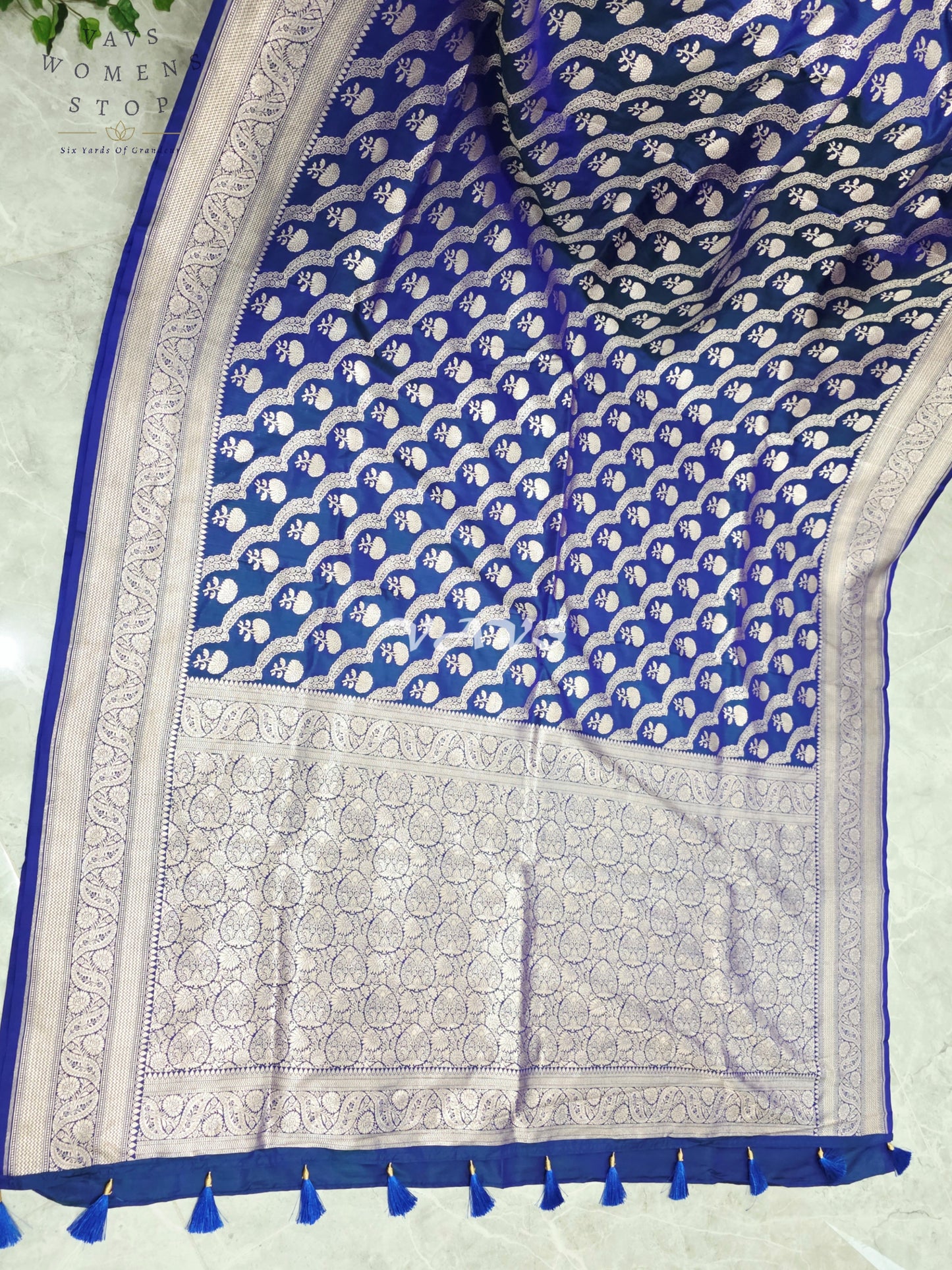 Royal Cobalt Blue Pure Benarasi Katan Silk Saree with Silver Zari Weave & Maggam Blouse Size 38-44