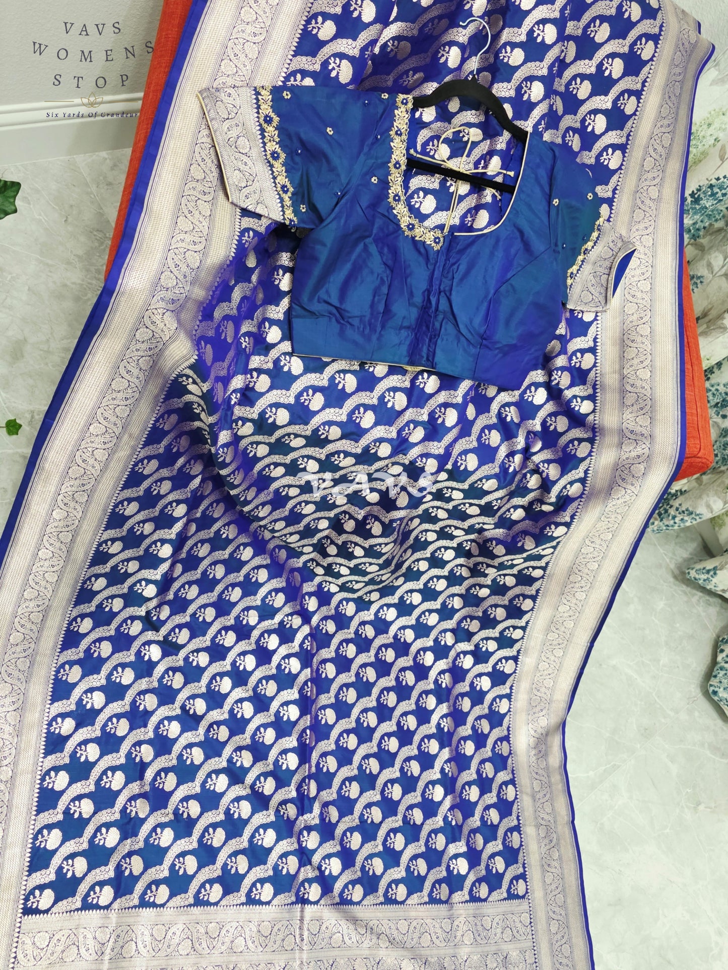 Royal Cobalt Blue Pure Benarasi Katan Silk Saree with Silver Zari Weave & Maggam Blouse Size 38-44