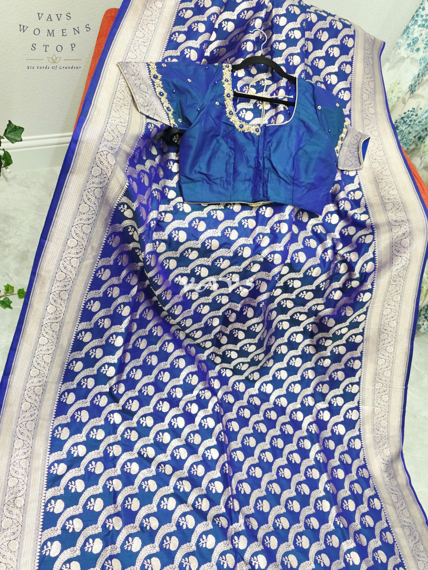 Royal Cobalt Blue Pure Benarasi Katan Silk Saree with Silver Zari Weave & Maggam Blouse Size 38-44
