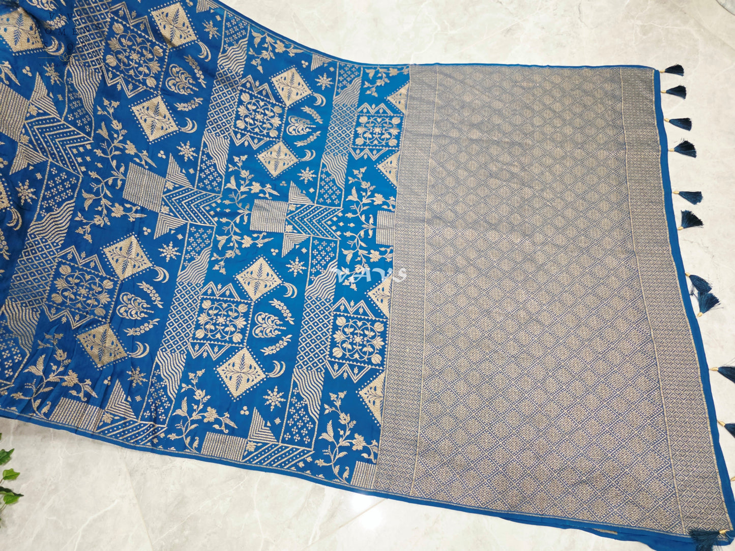 Royal Cobalt Blue Borderless Pure Crepe Khaddi Georgette Saree with Antique Gold Woven Design & Stitched Blouse Size 38-44