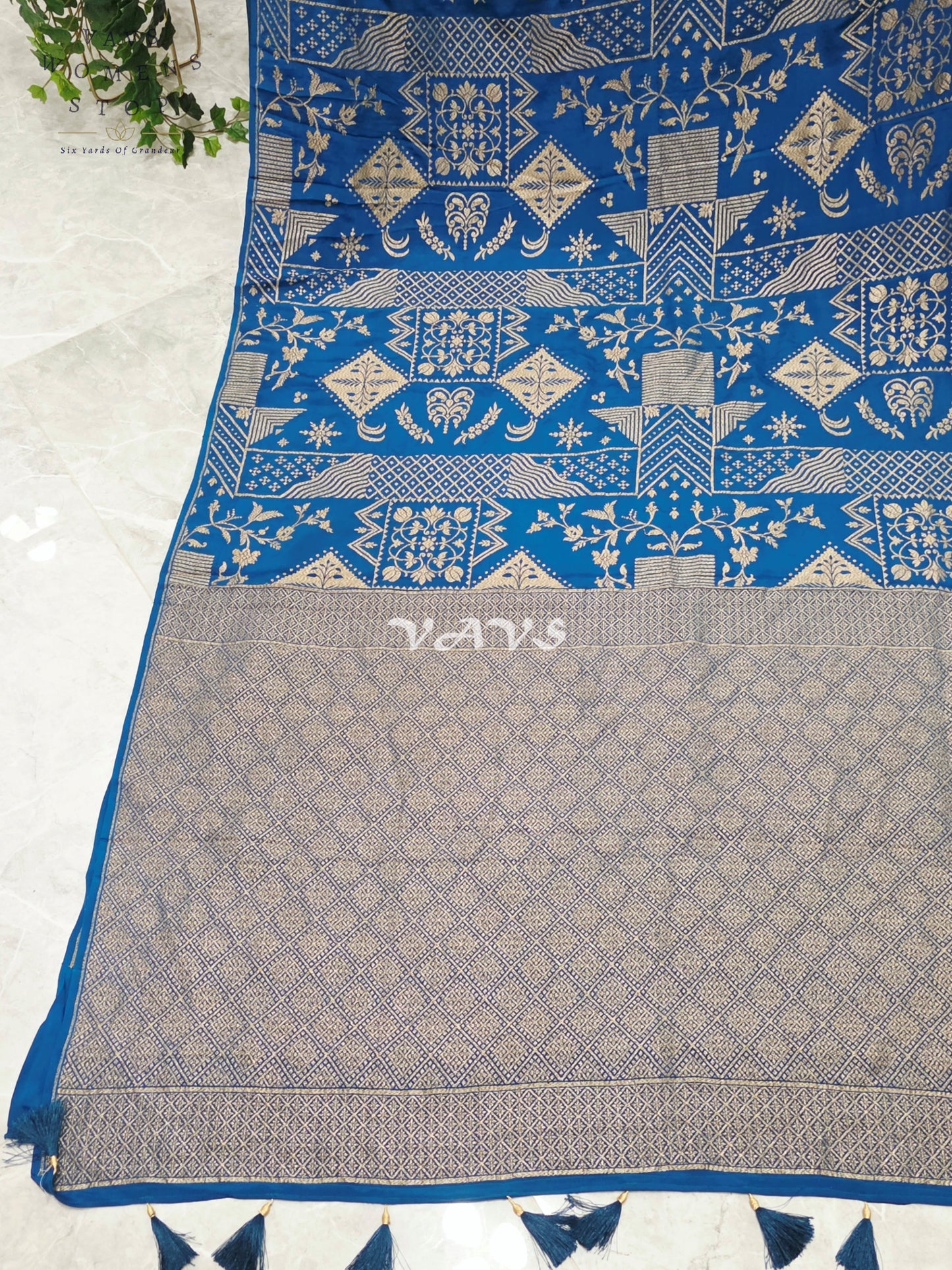 Royal Cobalt Blue Borderless Pure Crepe Khaddi Georgette Saree with Antique Gold Woven Design & Stitched Blouse Size 38-44