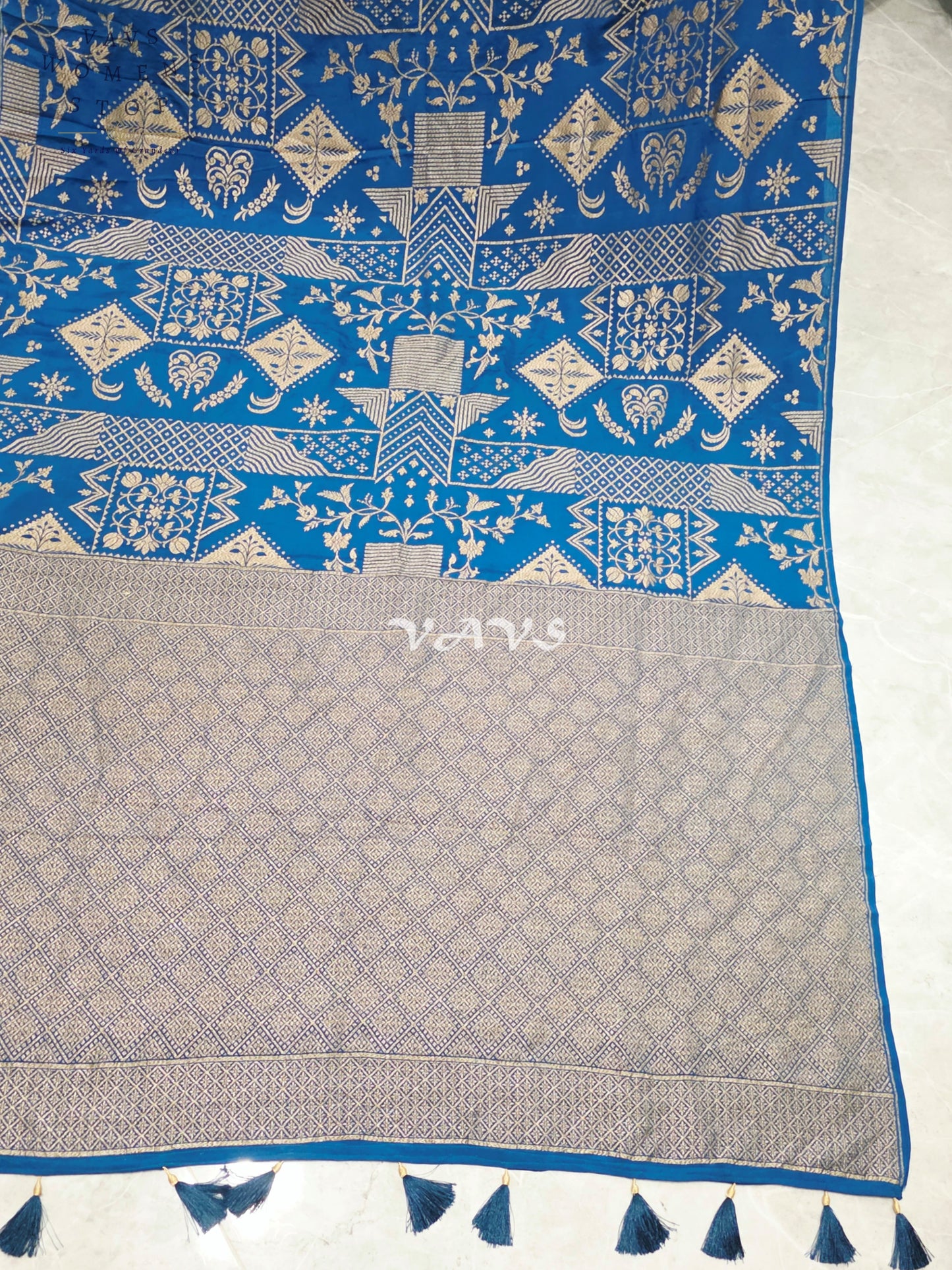 Royal Cobalt Blue Borderless Pure Crepe Khaddi Georgette Saree with Antique Gold Woven Design & Stitched Blouse Size 38-44