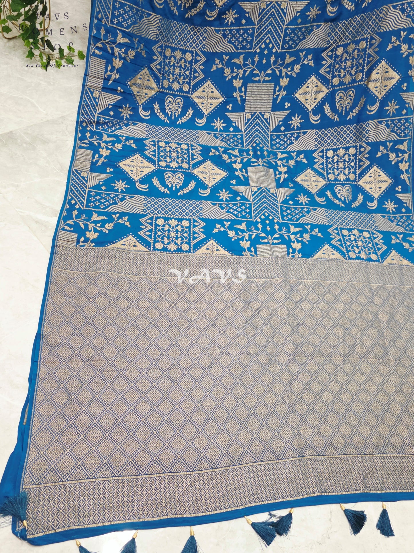 Royal Cobalt Blue Borderless Pure Crepe Khaddi Georgette Saree with Antique Gold Woven Design & Stitched Blouse Size 38-44
