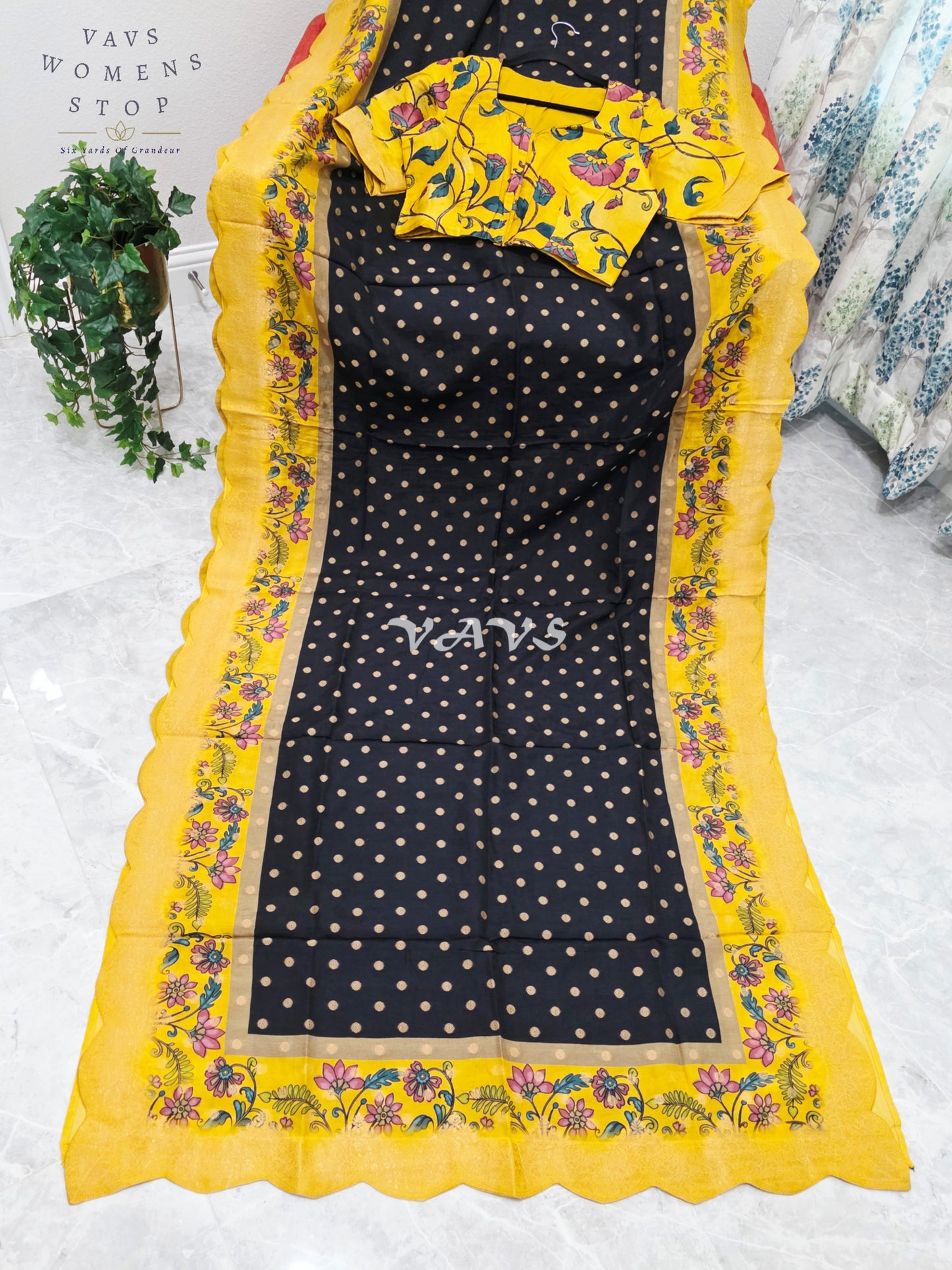 Regal Black & Marigold Yellow Munga Crepe Silk Kalamkari Print Saree with Floral Border & Stitched Blouse Size 40-46