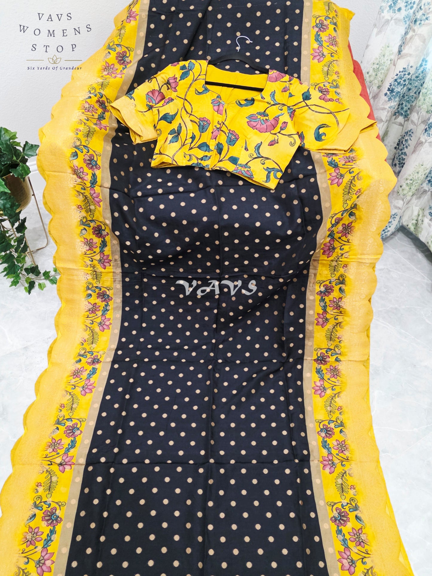 Regal Black & Marigold Yellow Munga Crepe Silk Kalamkari Print Saree with Floral Border & Stitched Blouse Size 40-46