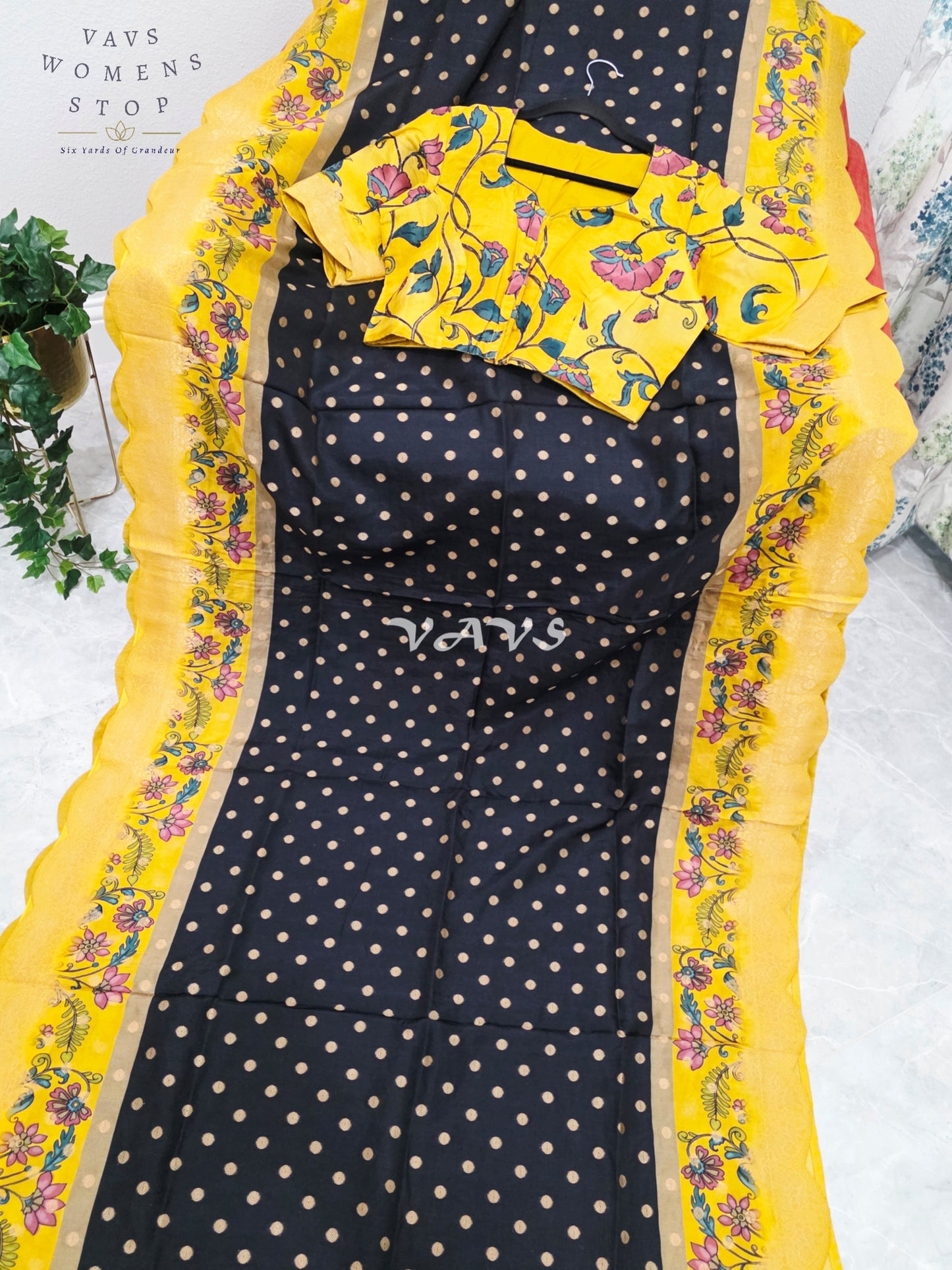 Regal Black & Marigold Yellow Munga Crepe Silk Kalamkari Print Saree with Floral Border & Stitched Blouse Size 40-46