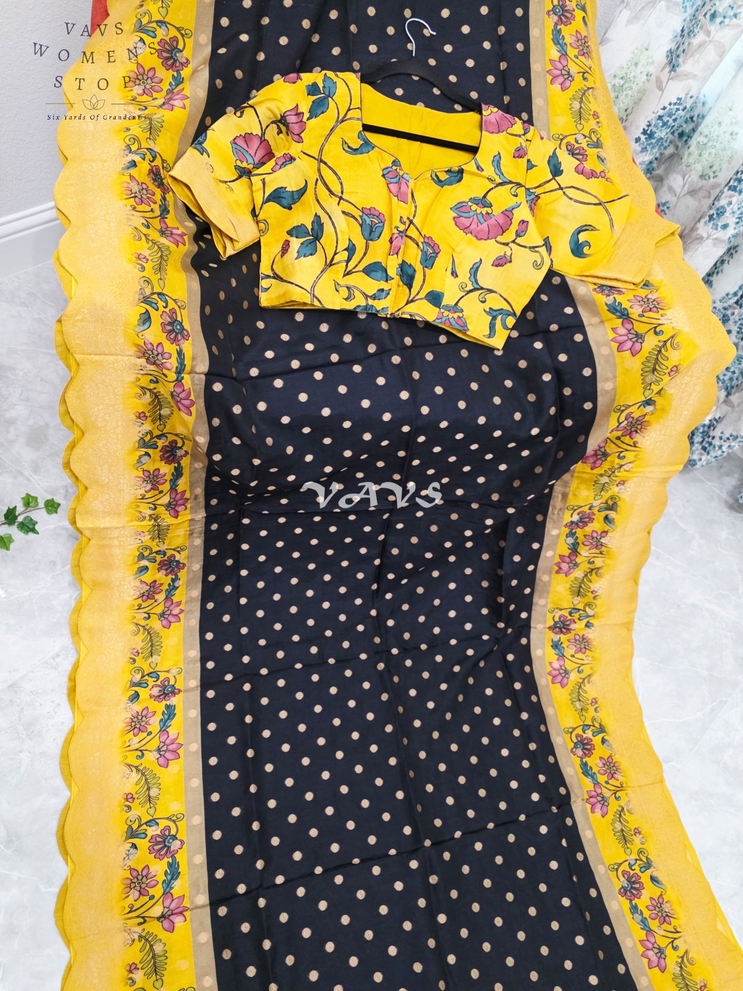 Regal Black & Marigold Yellow Munga Crepe Silk Kalamkari Print Saree with Floral Border & Stitched Blouse Size 40-46