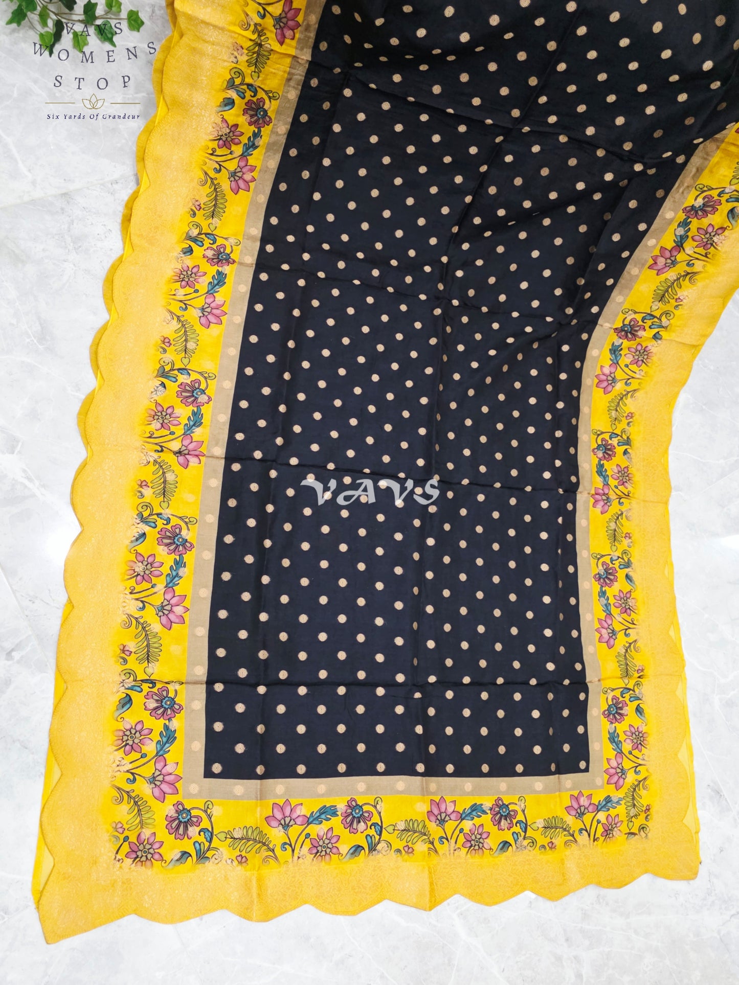 Regal Black & Marigold Yellow Munga Crepe Silk Kalamkari Print Saree with Floral Border & Stitched Blouse Size 40-46