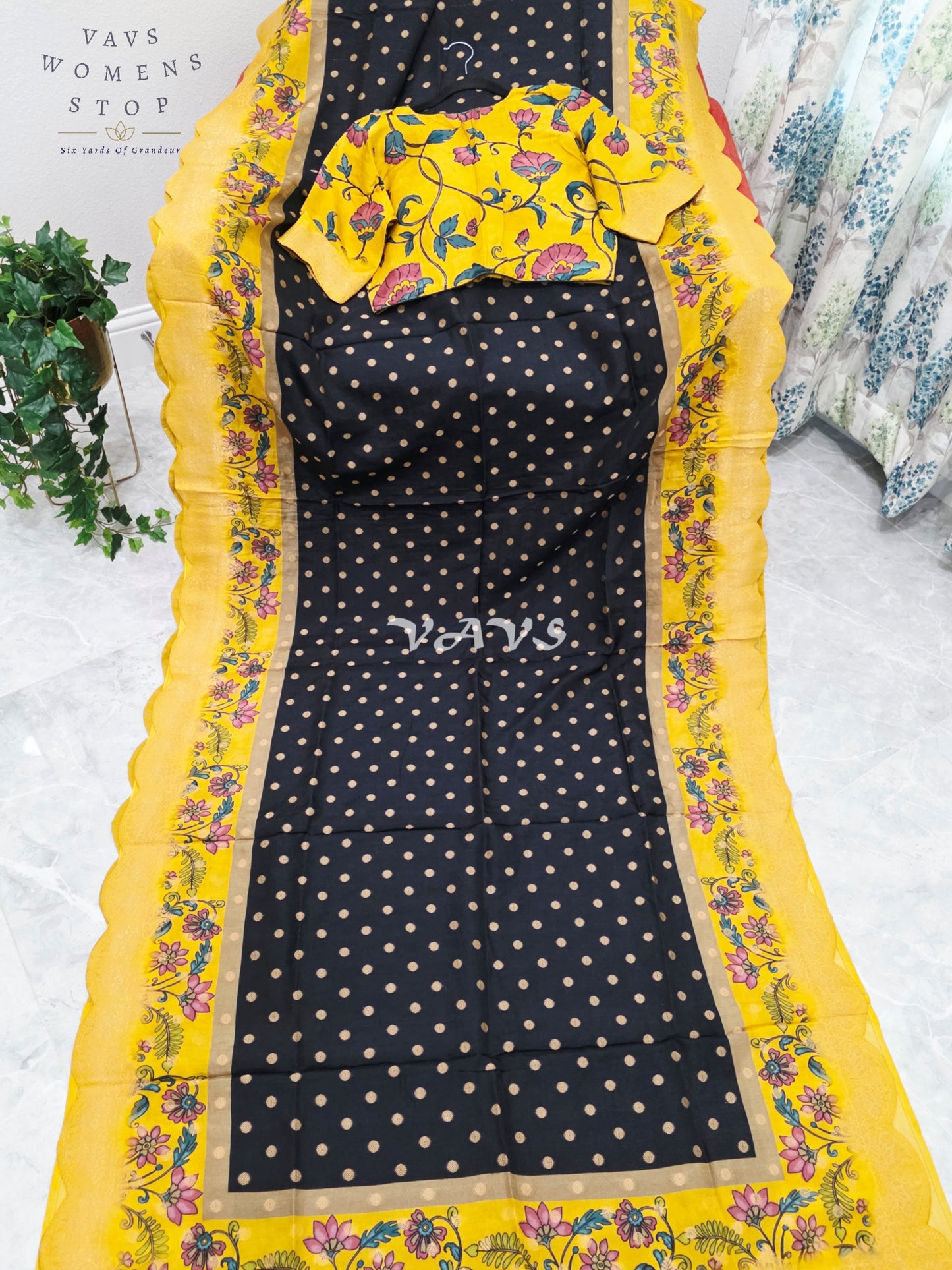 Regal Black & Marigold Yellow Munga Crepe Silk Kalamkari Print Saree with Floral Border & Stitched Blouse Size 40-46