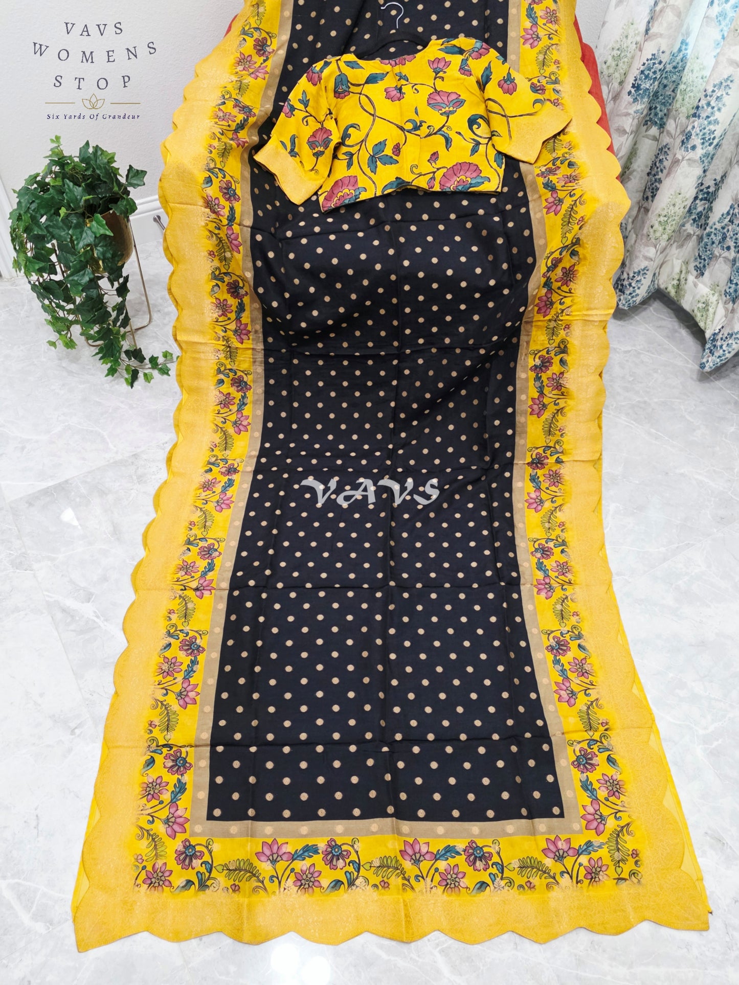 Regal Black & Marigold Yellow Munga Crepe Silk Kalamkari Print Saree with Floral Border & Stitched Blouse Size 40-46