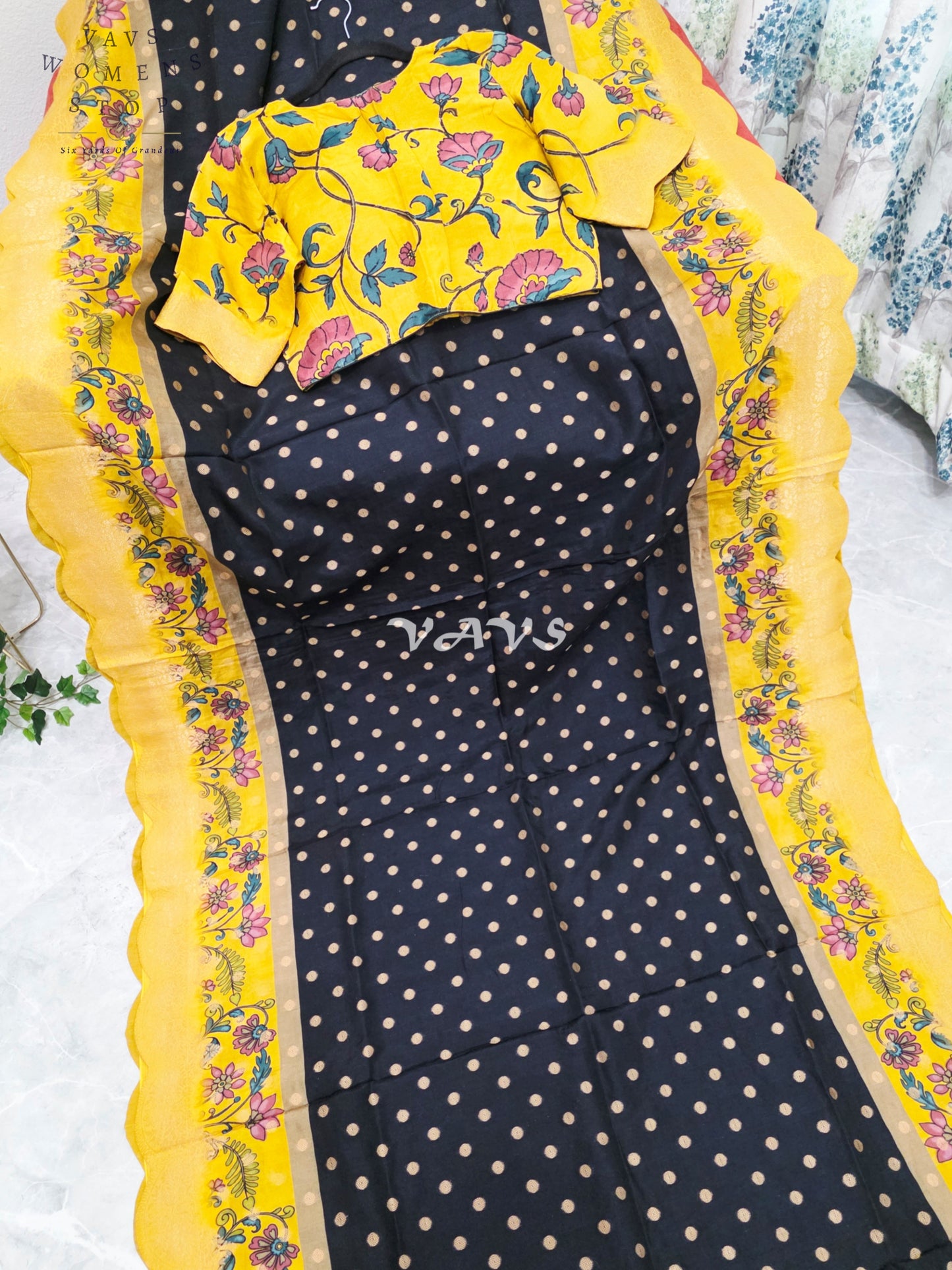 Regal Black & Marigold Yellow Munga Crepe Silk Kalamkari Print Saree with Floral Border & Stitched Blouse Size 40-46