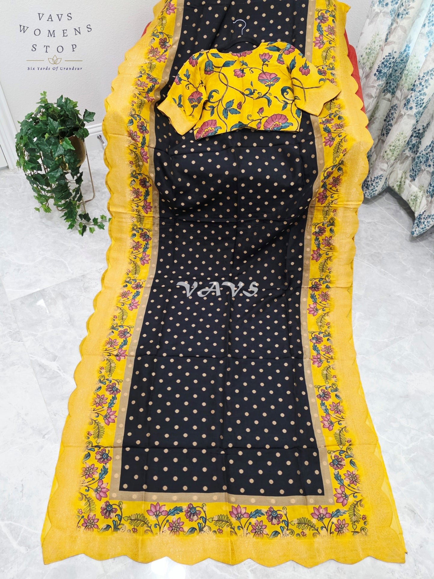 Regal Black & Marigold Yellow Munga Crepe Silk Kalamkari Print Saree with Floral Border & Stitched Blouse Size 40-46