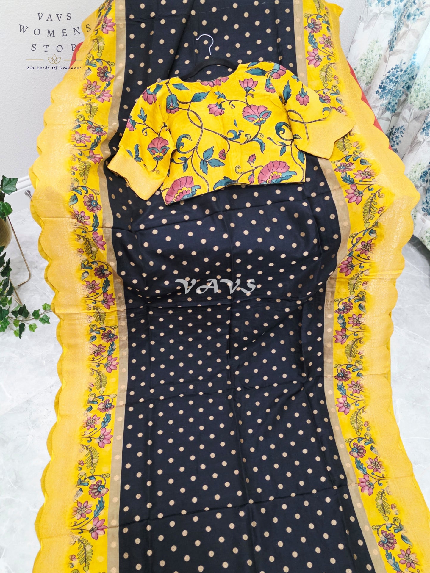 Regal Black & Marigold Yellow Munga Crepe Silk Kalamkari Print Saree with Floral Border & Stitched Blouse Size 40-46