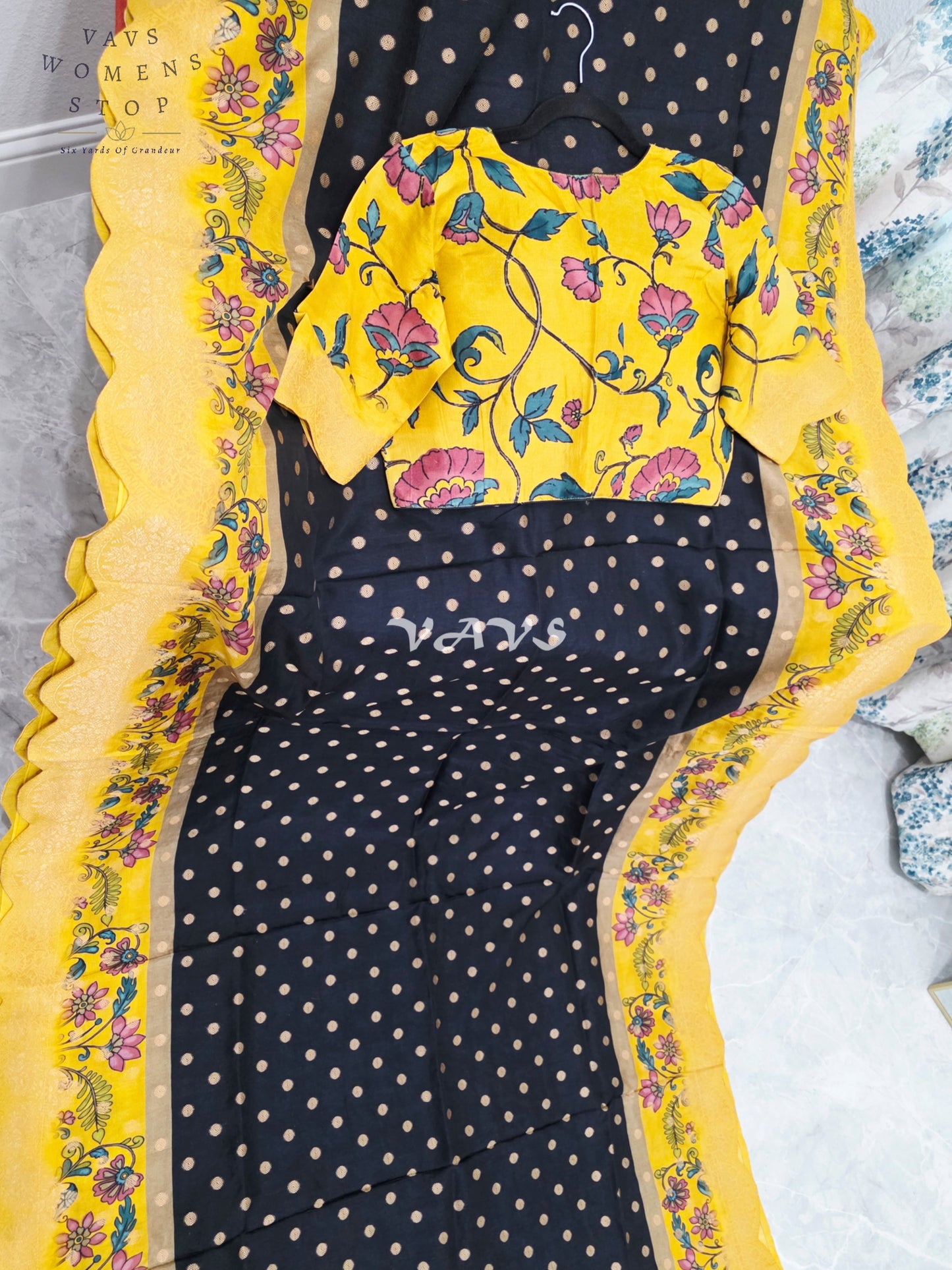 Regal Black & Marigold Yellow Munga Crepe Silk Kalamkari Print Saree with Floral Border & Stitched Blouse Size 40-46