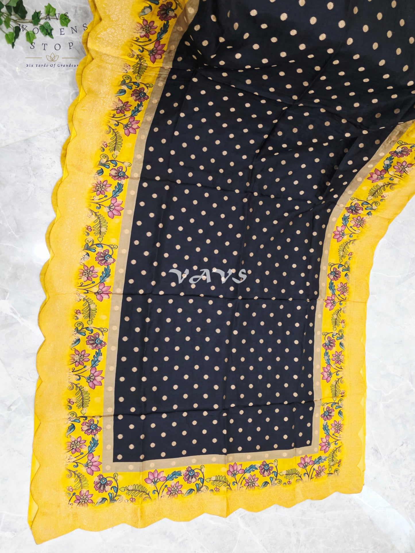 Regal Black & Marigold Yellow Munga Crepe Silk Kalamkari Print Saree with Floral Border & Stitched Blouse Size 40-46